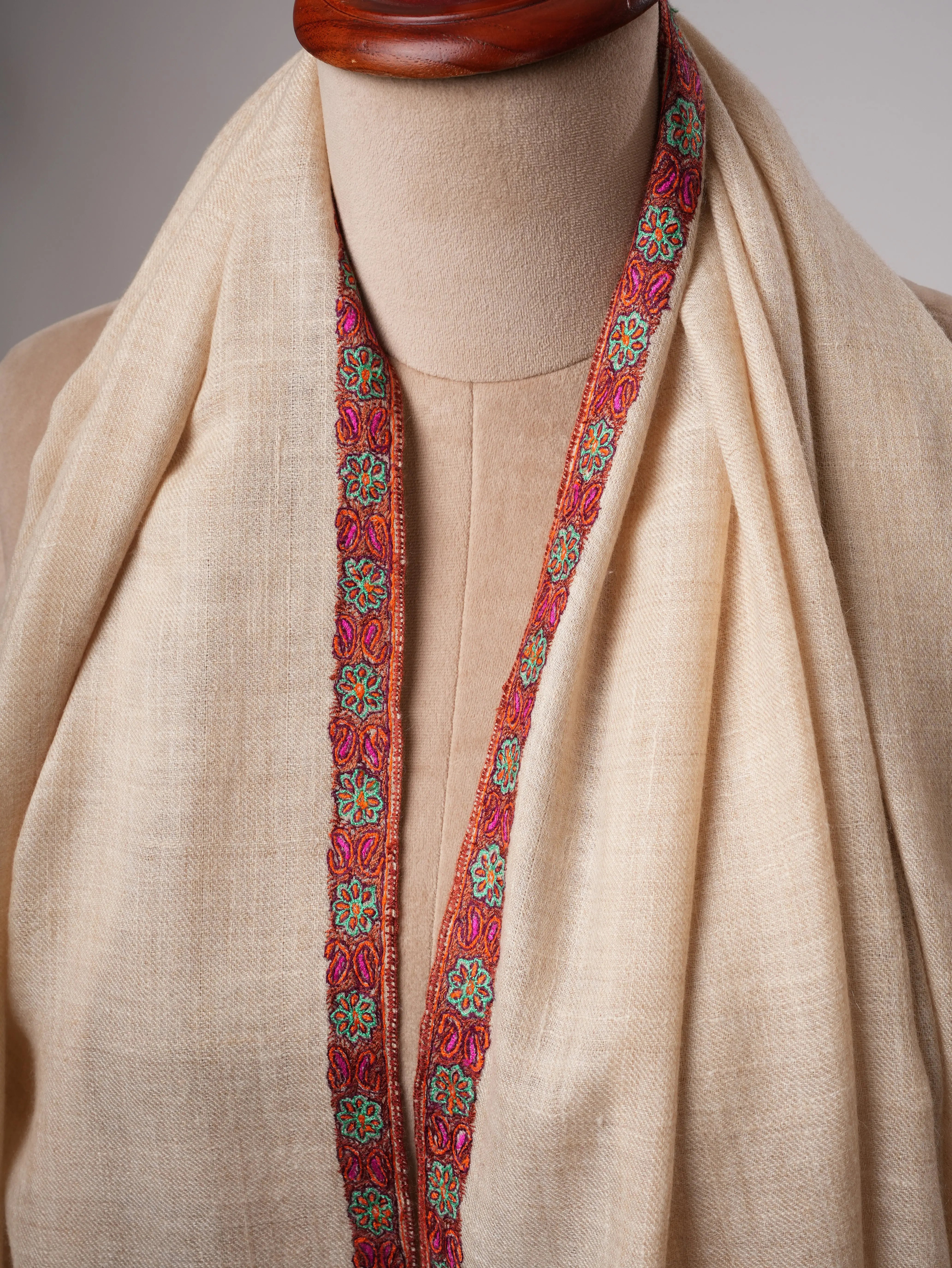 Off-White Pure Cashmere Scarf with Hashia Sozni Embroidery Shahkaar