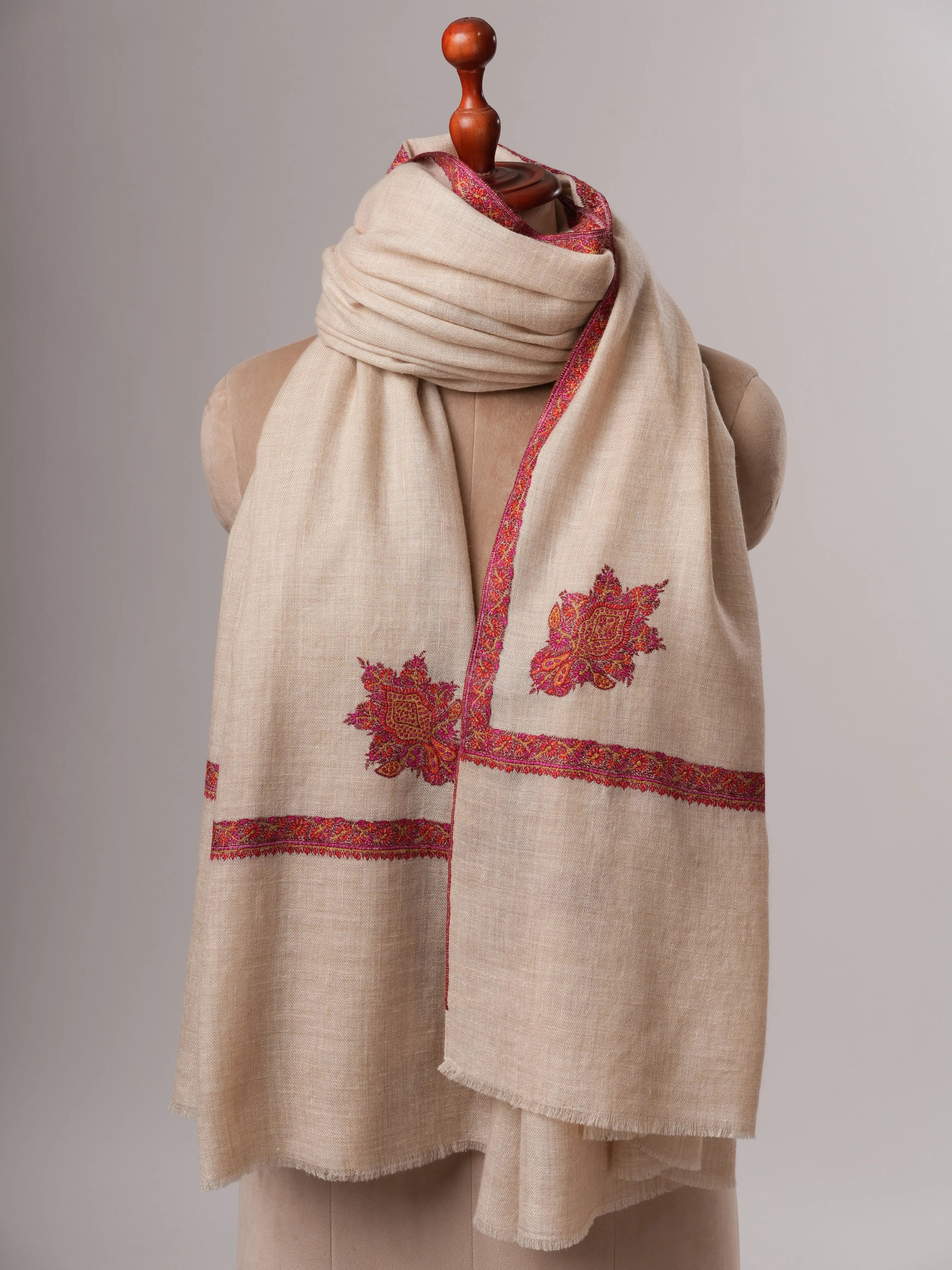 Off White Soft Pashmina Shawl with Hashia Hand Embroidery Shahkaar