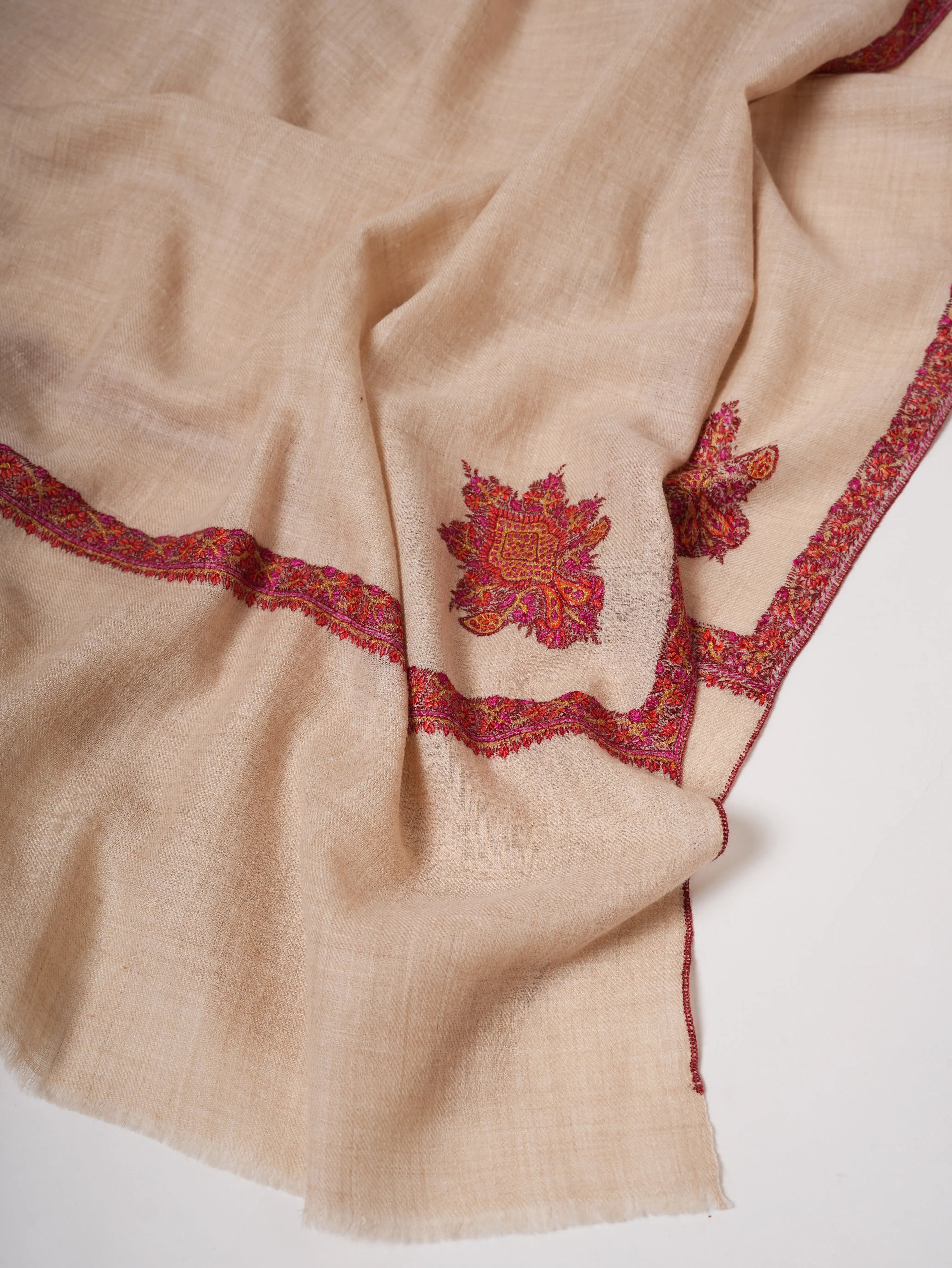 Off White Soft Pashmina Shawl with Hashia Hand Embroidery Shahkaar