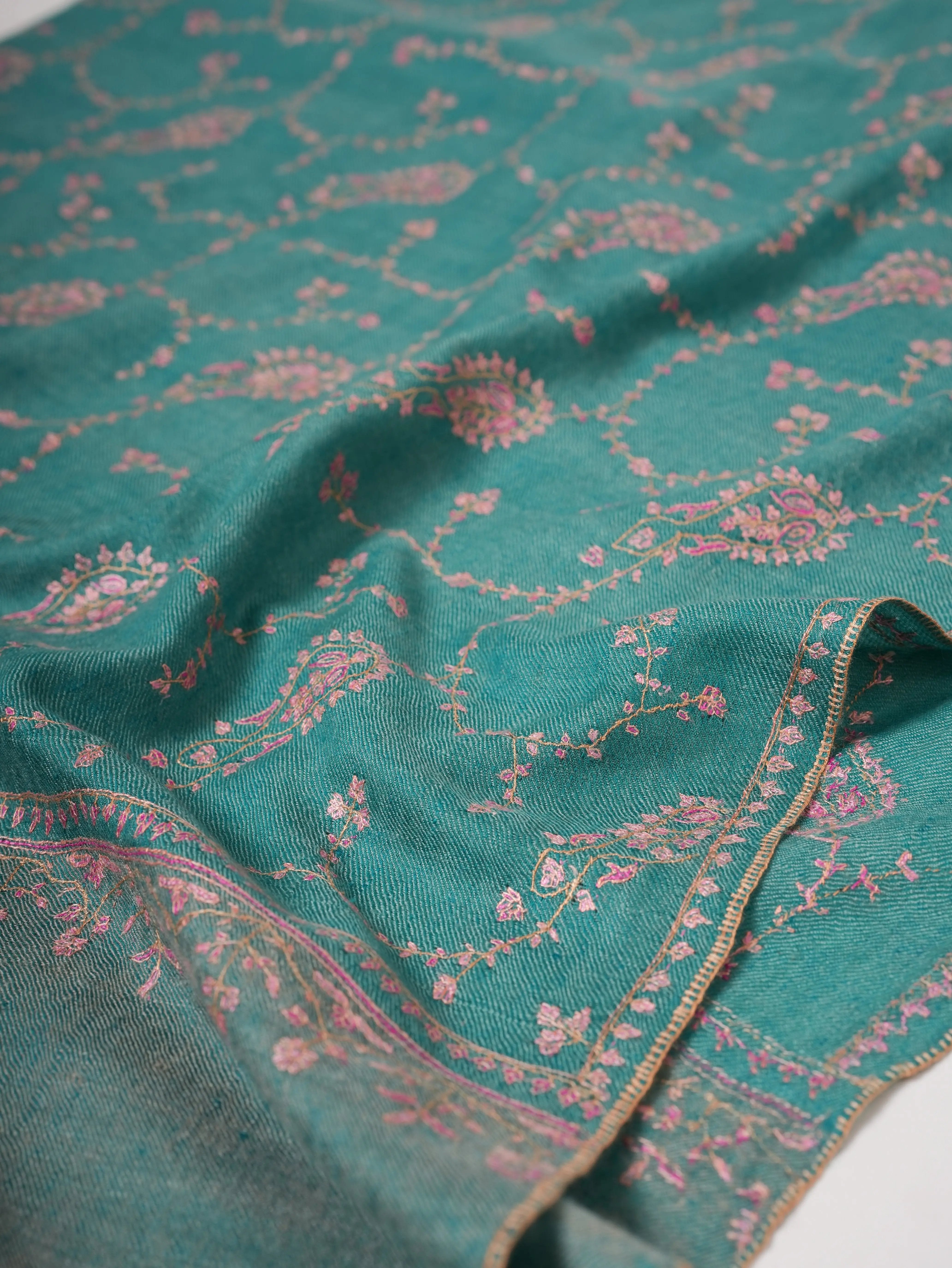 Pure Cashmere Scarf in Turquoise with Fine Hand Embroidery Shahkaar
