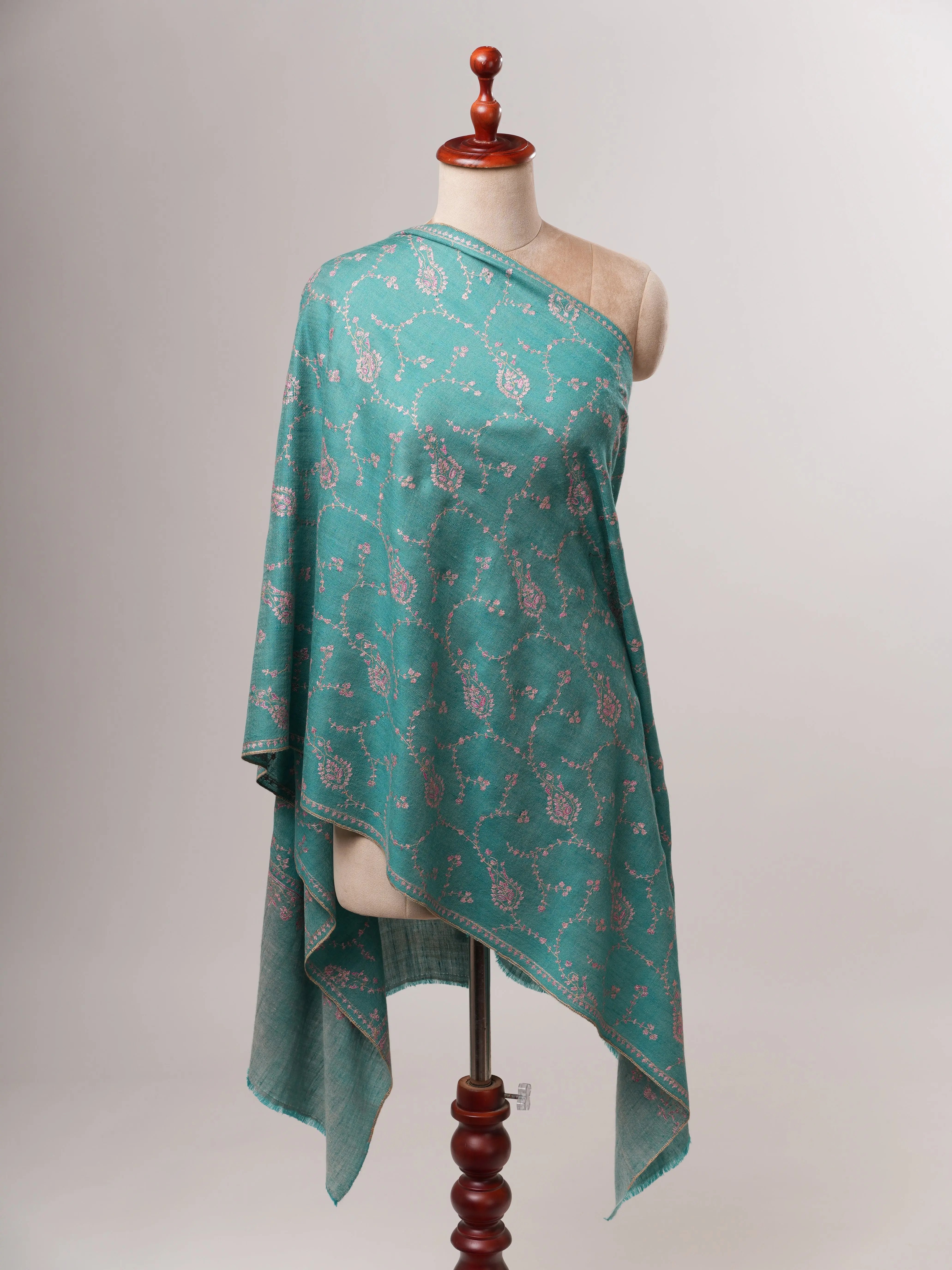 Pure Cashmere Scarf in Turquoise with Fine Hand Embroidery Shahkaar