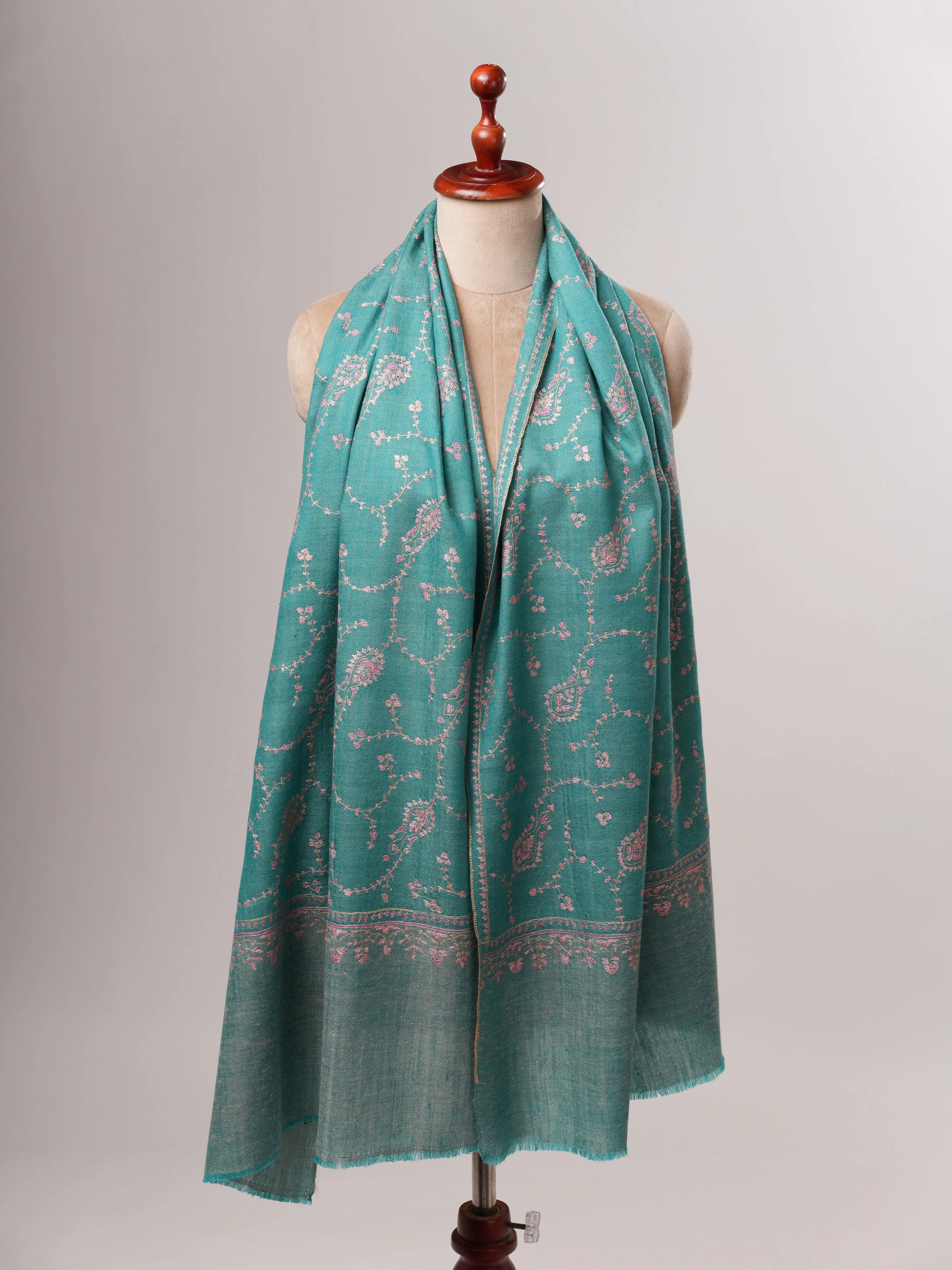 Pure Cashmere Scarf in Turquoise with Fine Hand Embroidery Shahkaar
