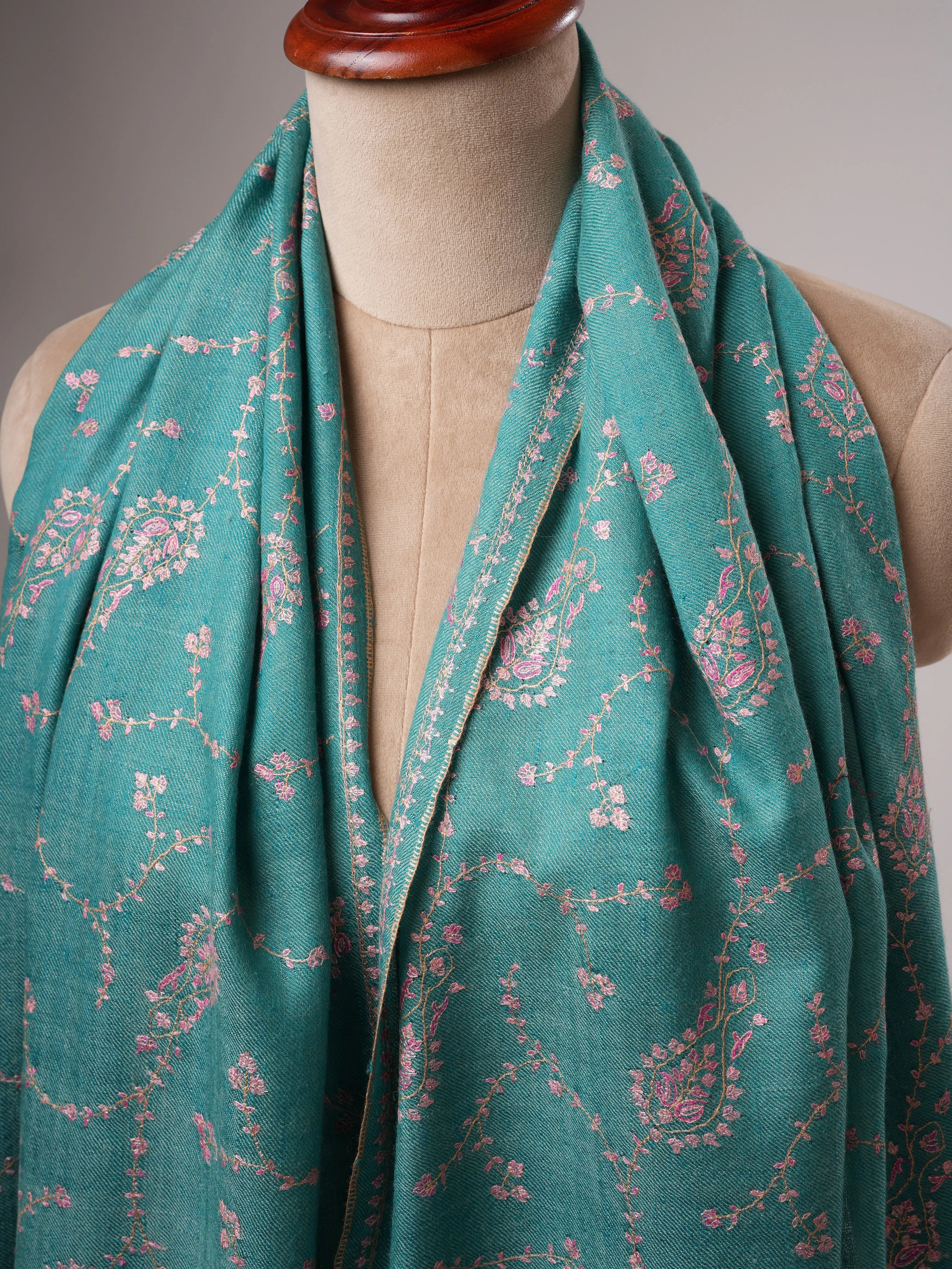 Pure Cashmere Scarf in Turquoise with Fine Hand Embroidery Shahkaar