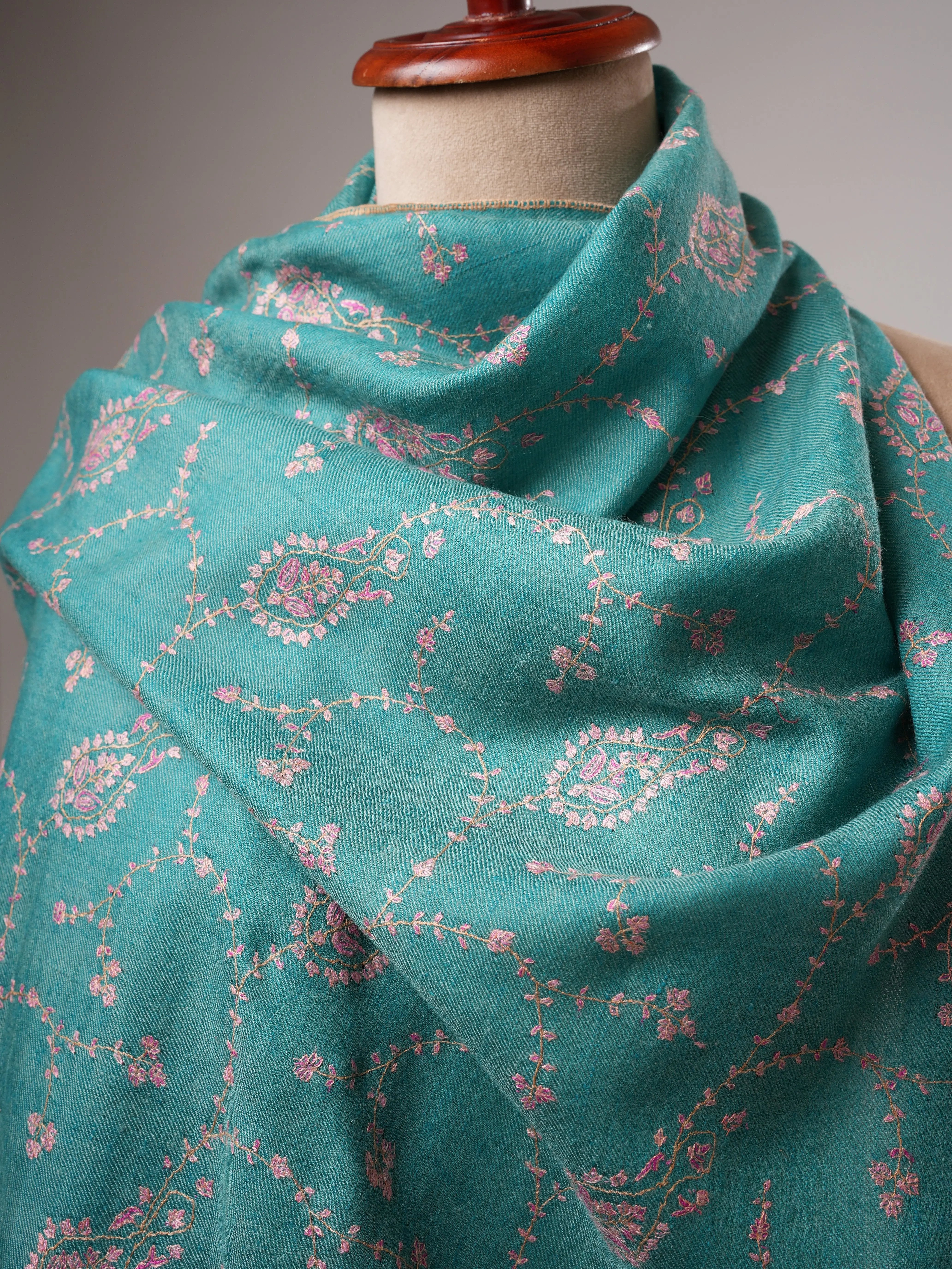 Pure Cashmere Scarf in Turquoise with Fine Hand Embroidery Shahkaar
