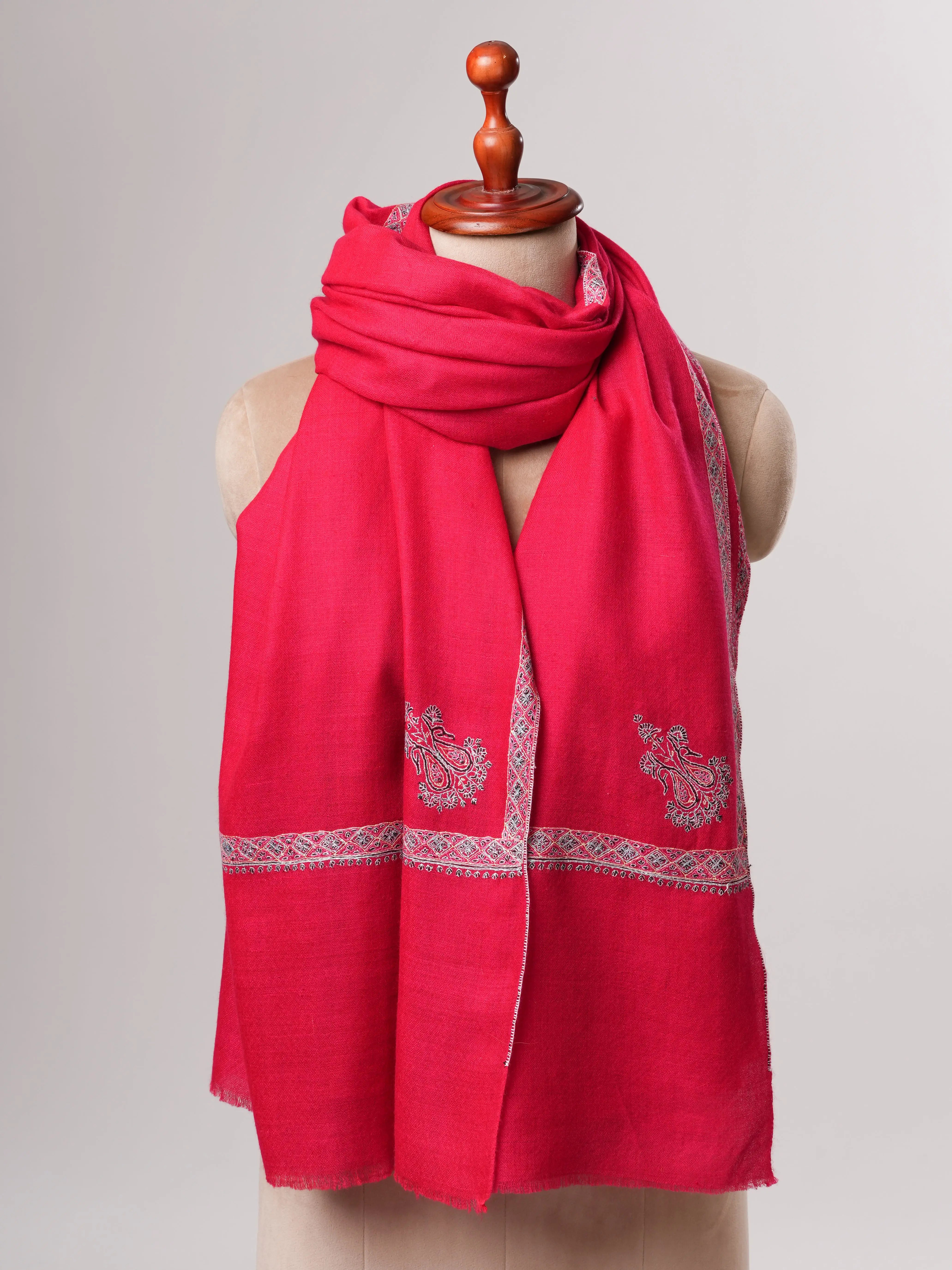 Red Soft Pashmina Shawl with Hashia Hand Embroidery Shahkaar