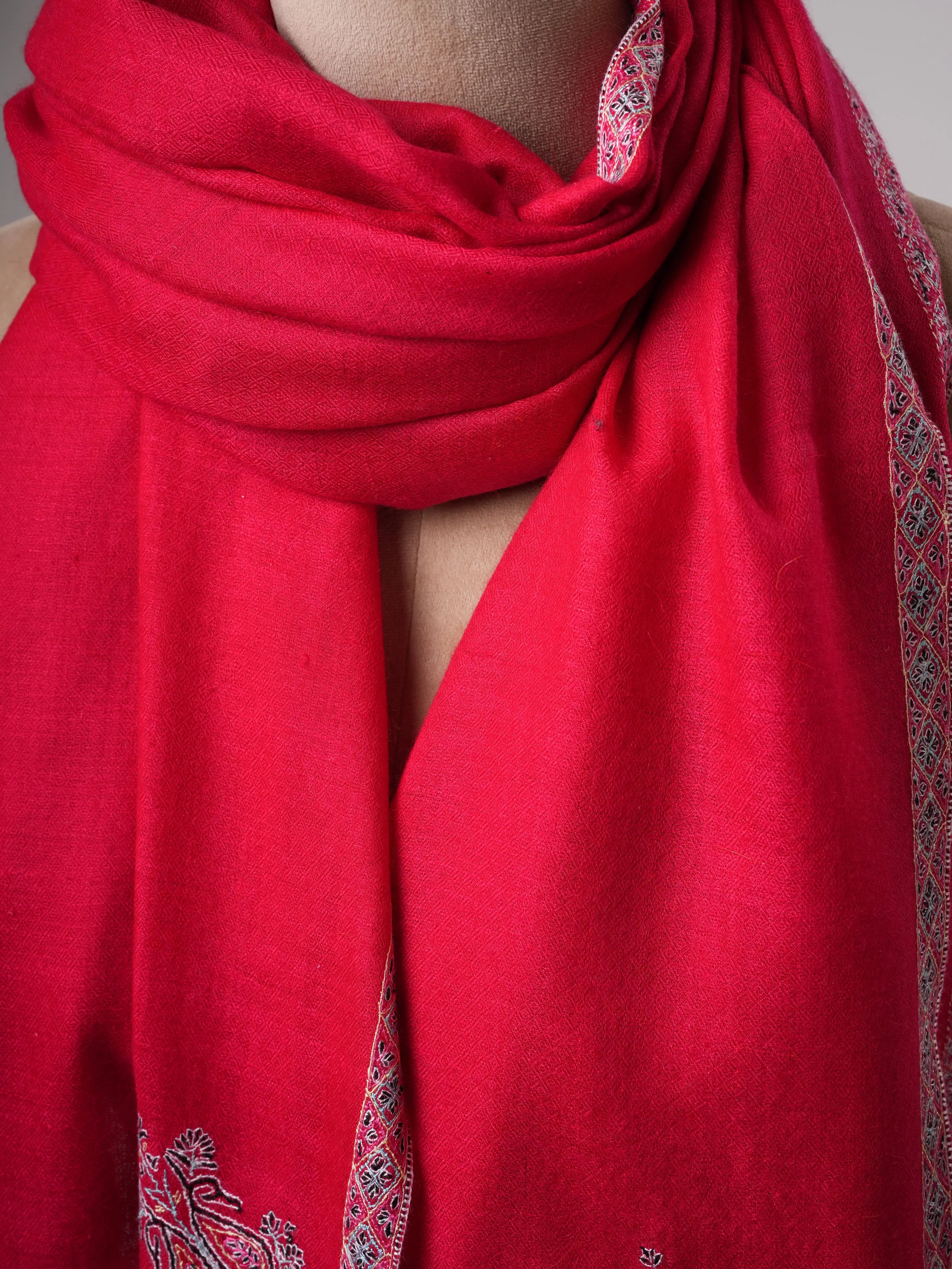 Red Soft Pashmina Shawl with Hashia Hand Embroidery Shahkaar
