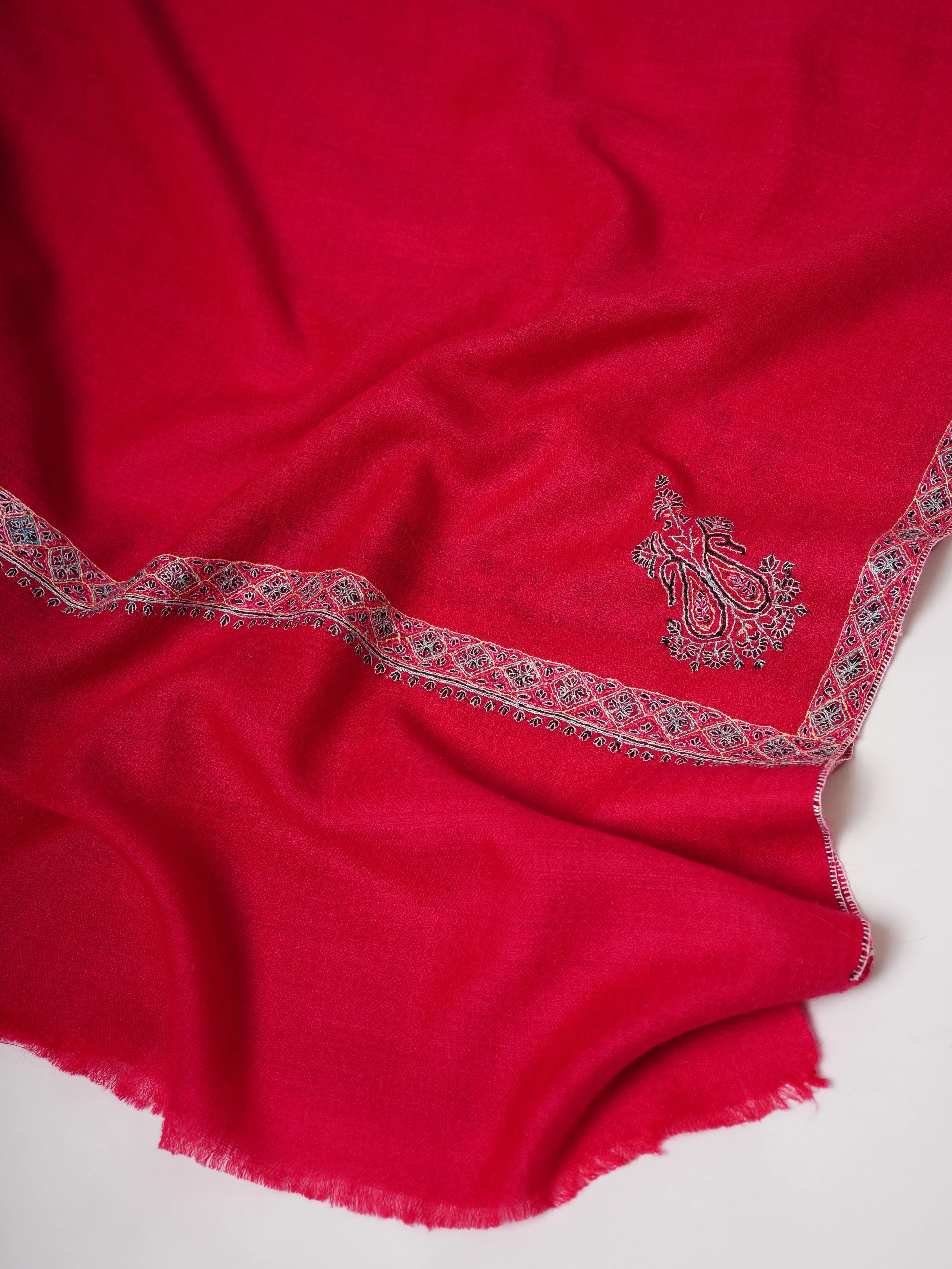 Red Soft Pashmina Shawl with Hashia Hand Embroidery Shahkaar