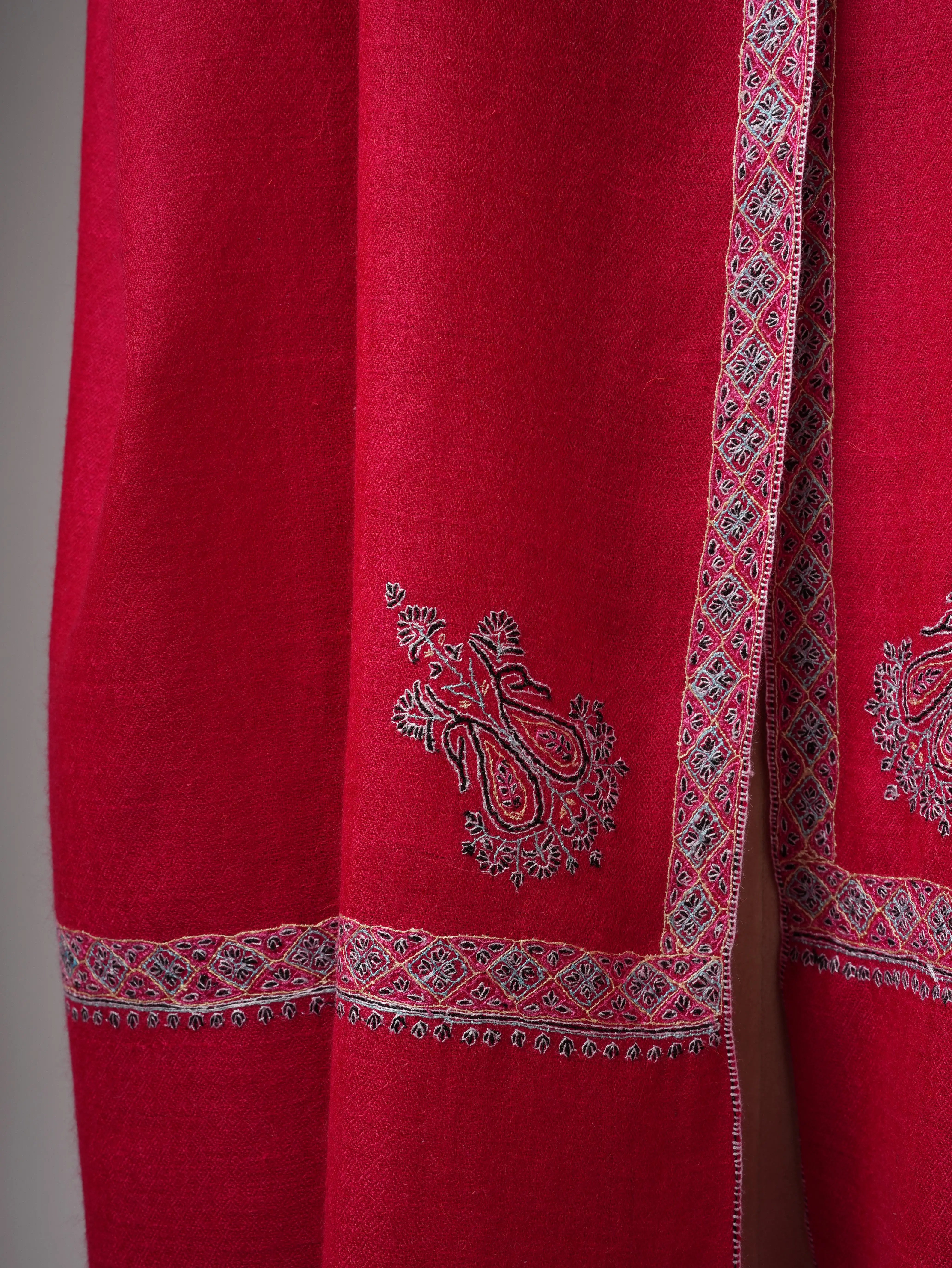Red Soft Pashmina Shawl with Hashia Hand Embroidery Shahkaar