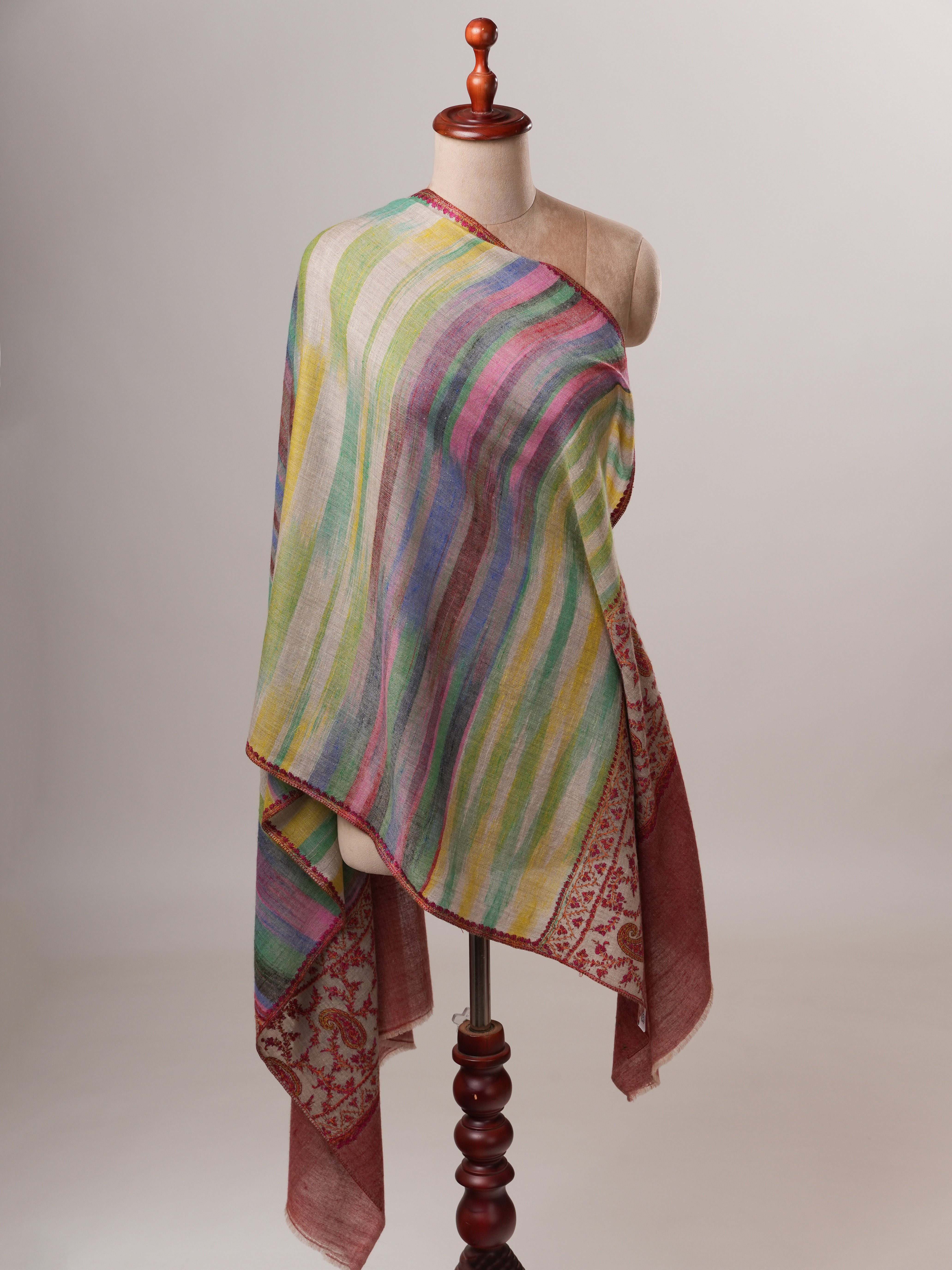 Contemporary Ikat Cashmere Scarf with Handcrafted Palla Embroidery Shahkaar