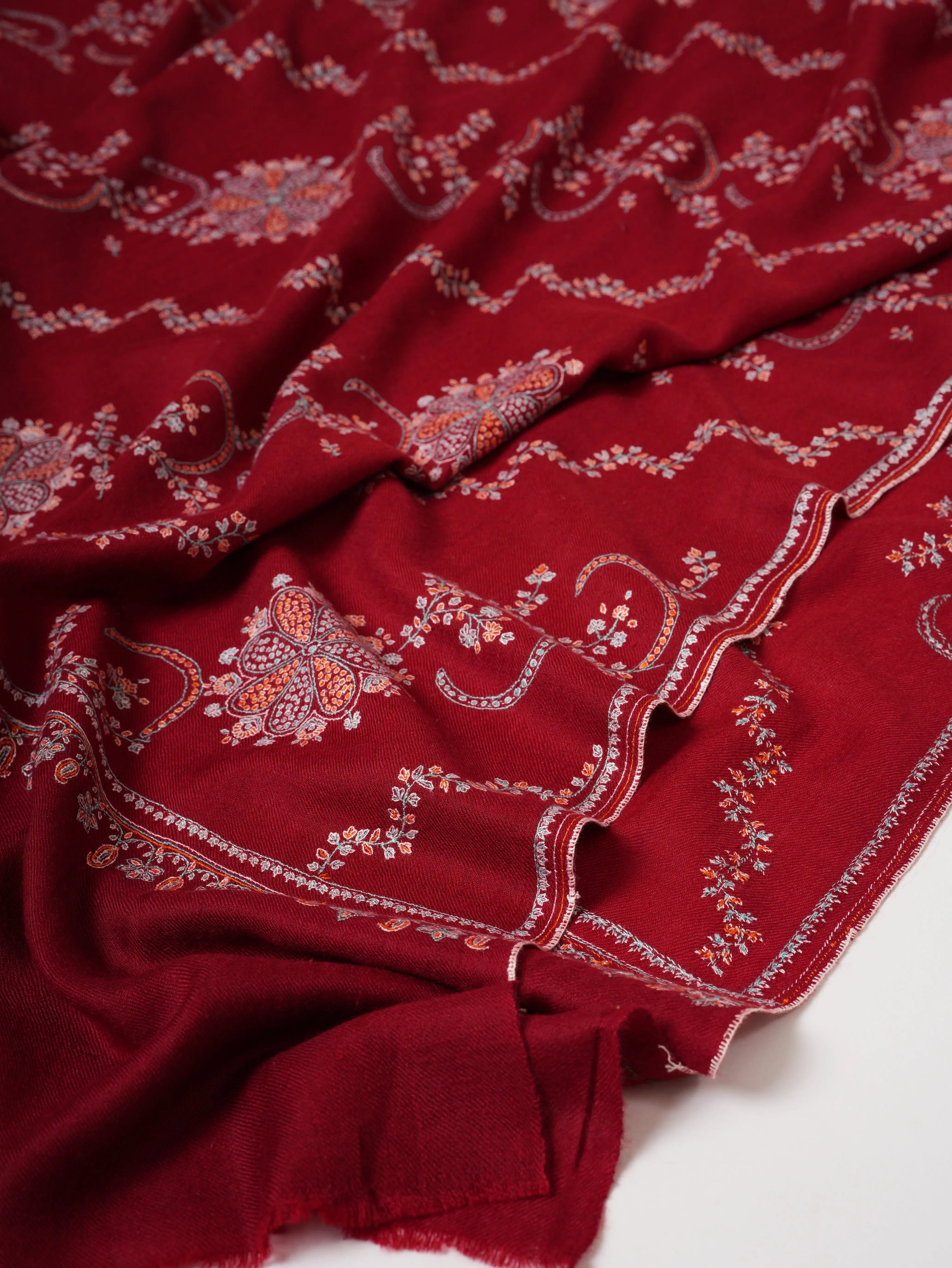 Red Kashmiri Pashmina Shawl with Khatras Sozni Hand Embroidery Shahkaar