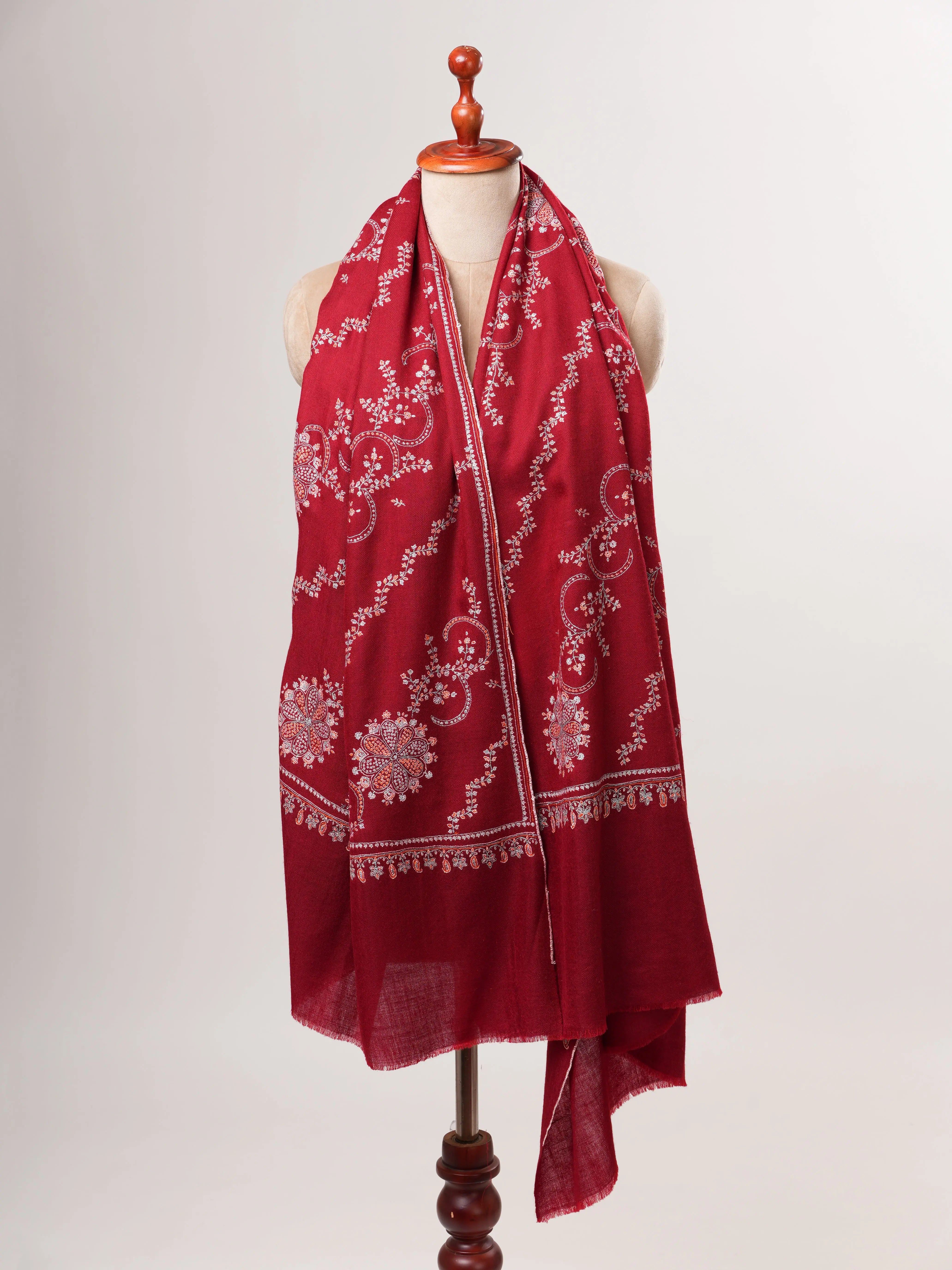 Red Kashmiri Pashmina Shawl with Khatras Sozni Hand Embroidery Shahkaar