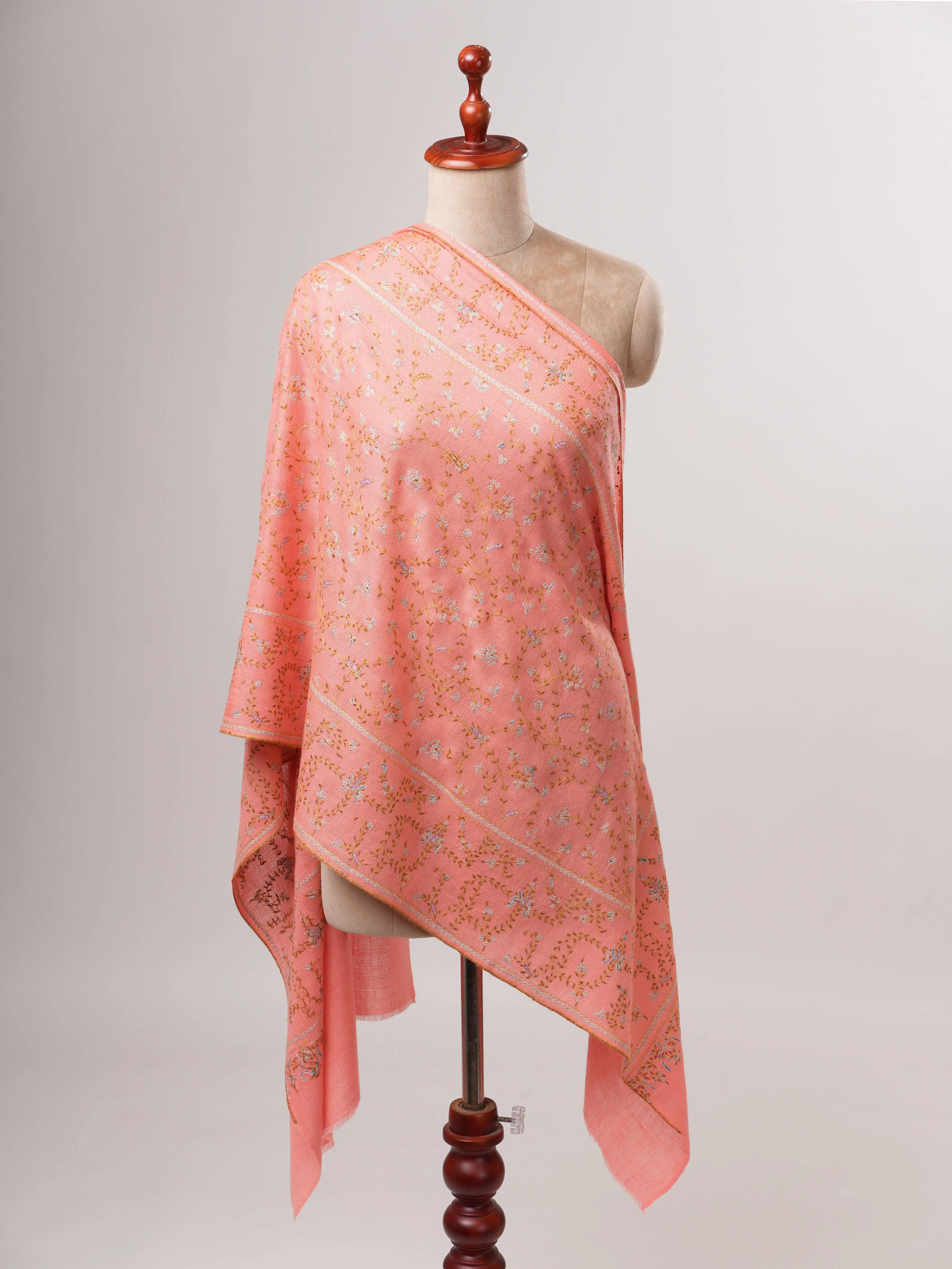 Pure Cashmere Peach Scarf with Delicate Sozni Embroidery Shahkaar