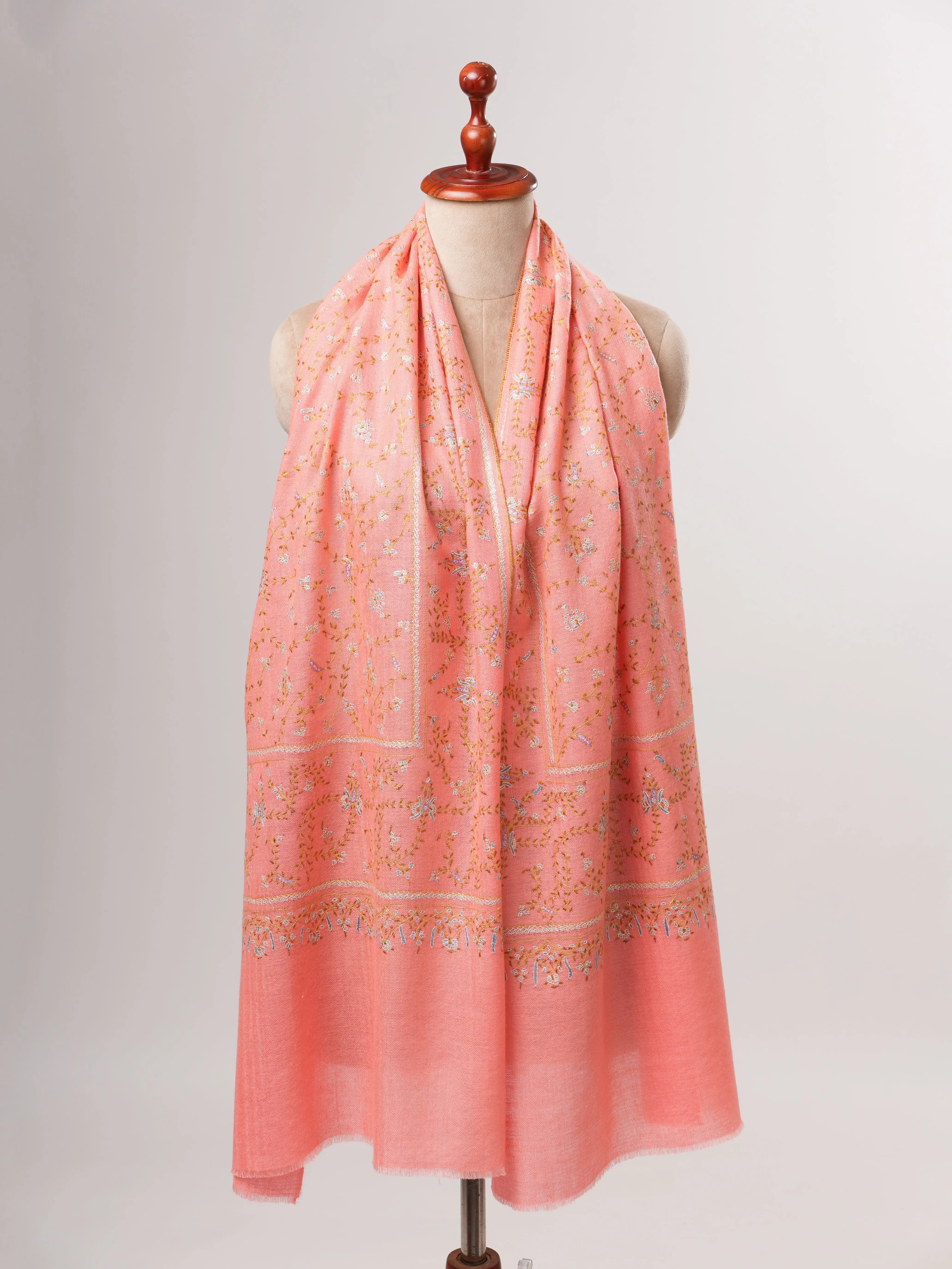 Pure Cashmere Peach Scarf with Delicate Sozni Embroidery Shahkaar