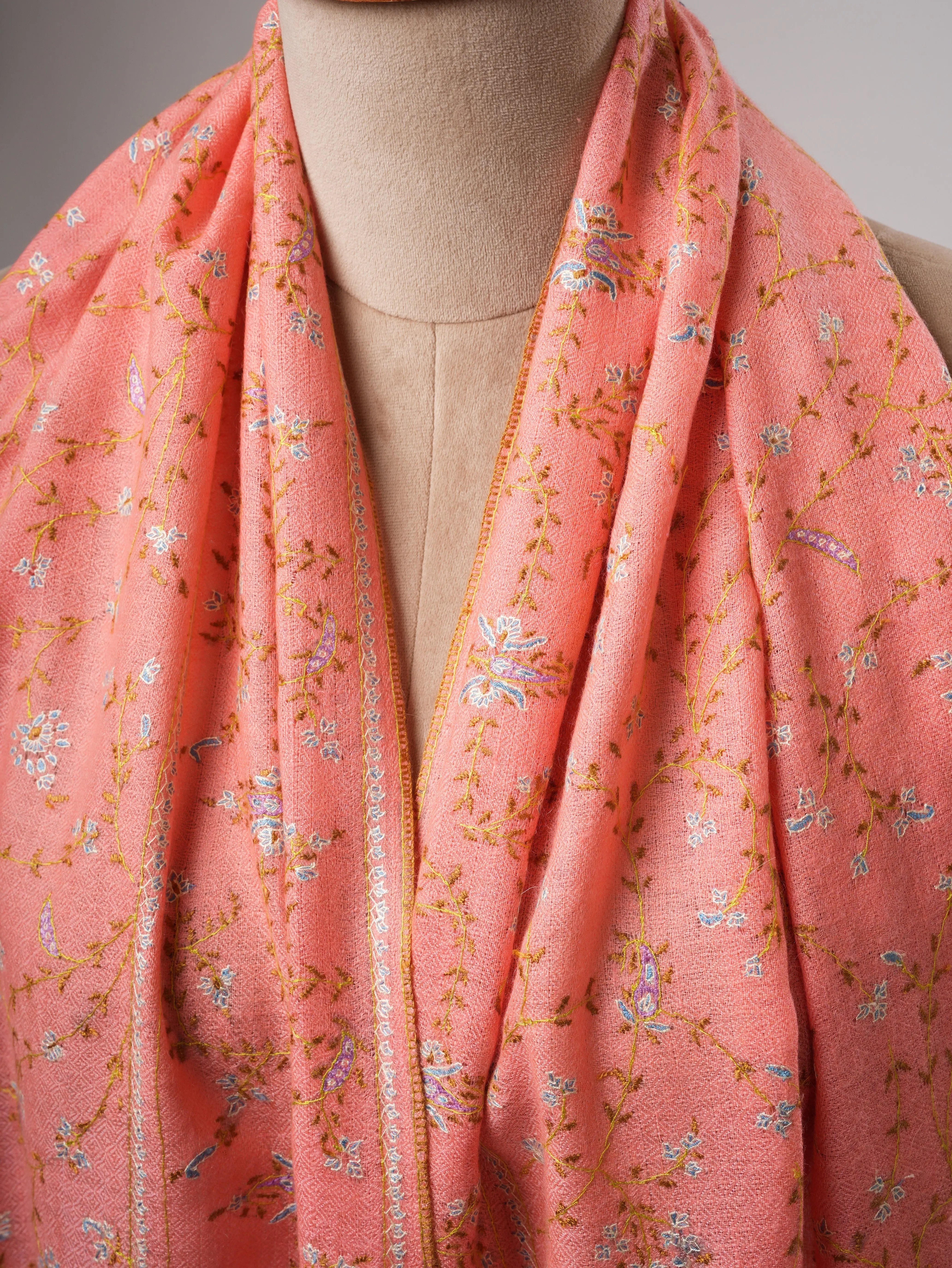 Pure Cashmere Peach Scarf with Delicate Sozni Embroidery Shahkaar