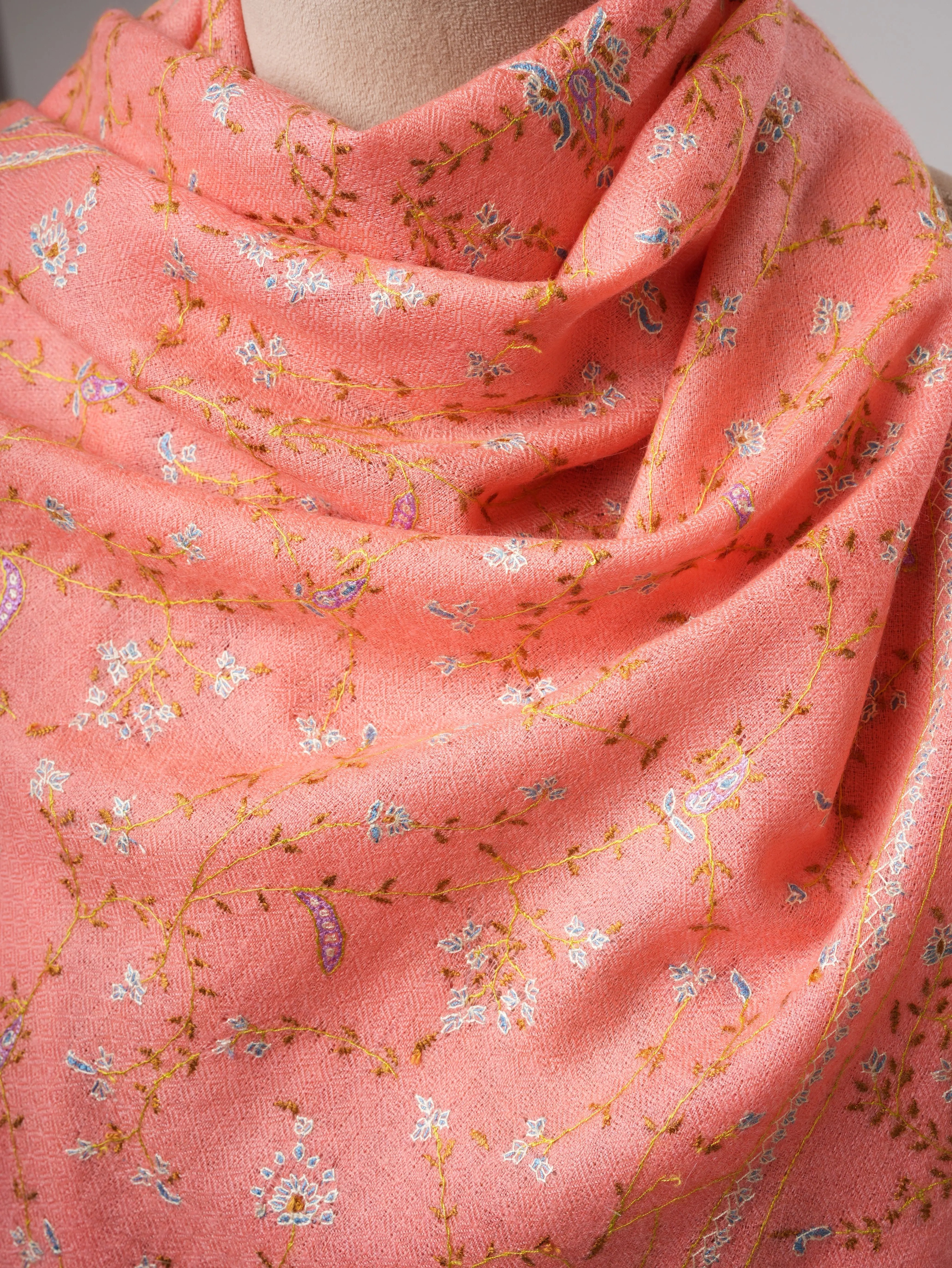 Pure Cashmere Peach Scarf with Delicate Sozni Embroidery Shahkaar