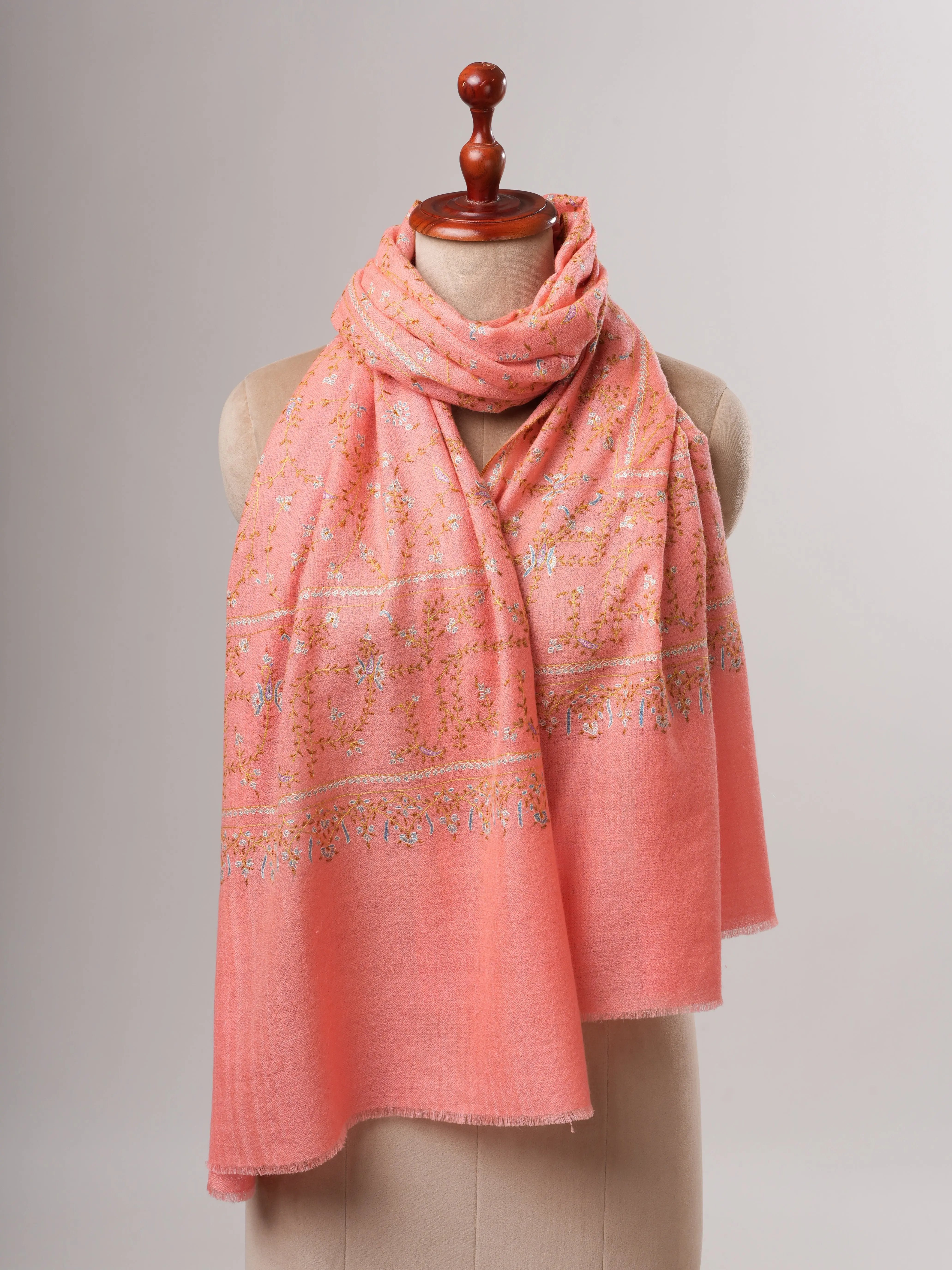 Pure Cashmere Peach Scarf with Delicate Sozni Embroidery Shahkaar