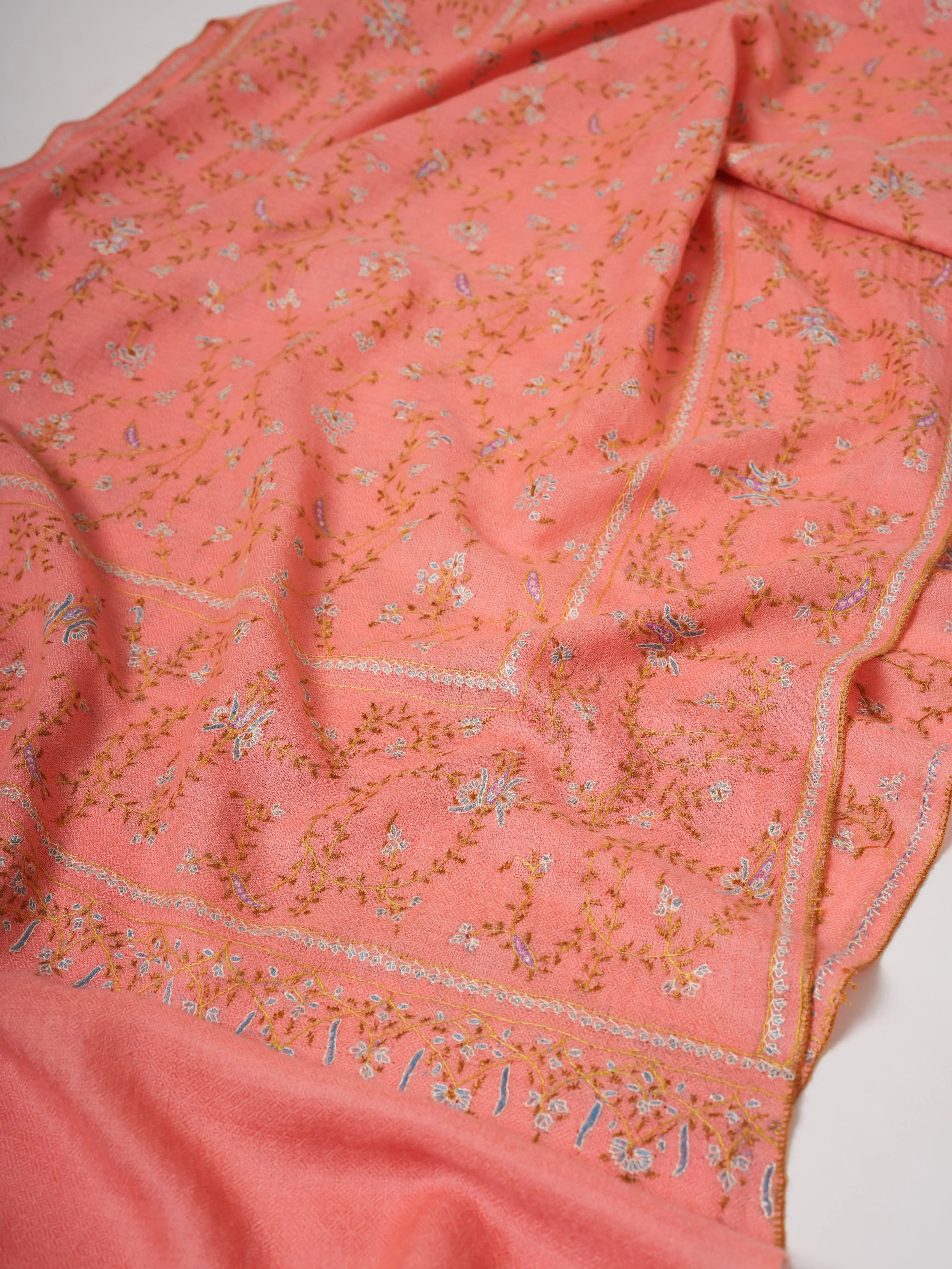 Pure Cashmere Peach Scarf with Delicate Sozni Embroidery Shahkaar