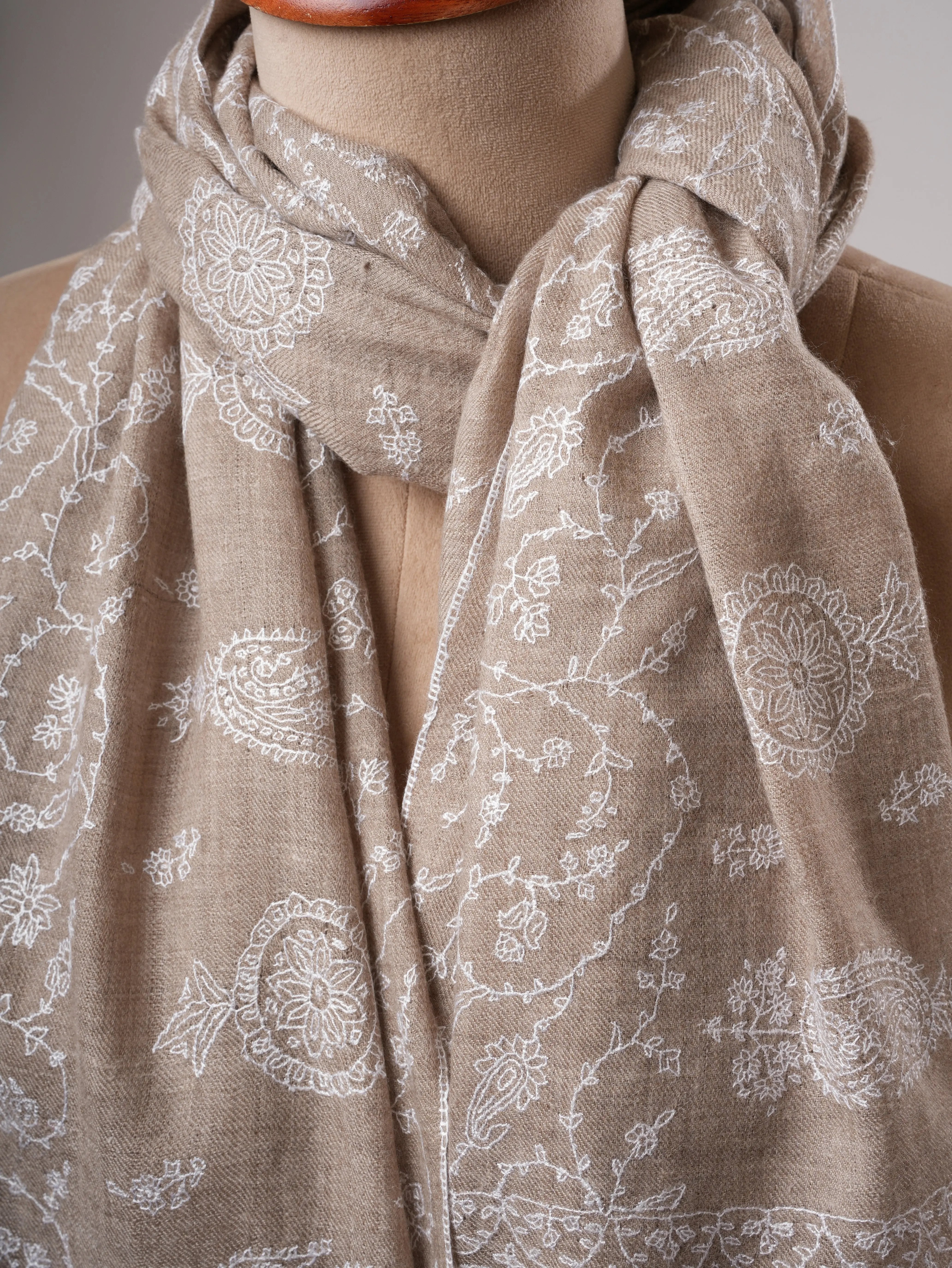 Grey Cashmere Scarf with Detailed White Hand Embroidery Shahkaar