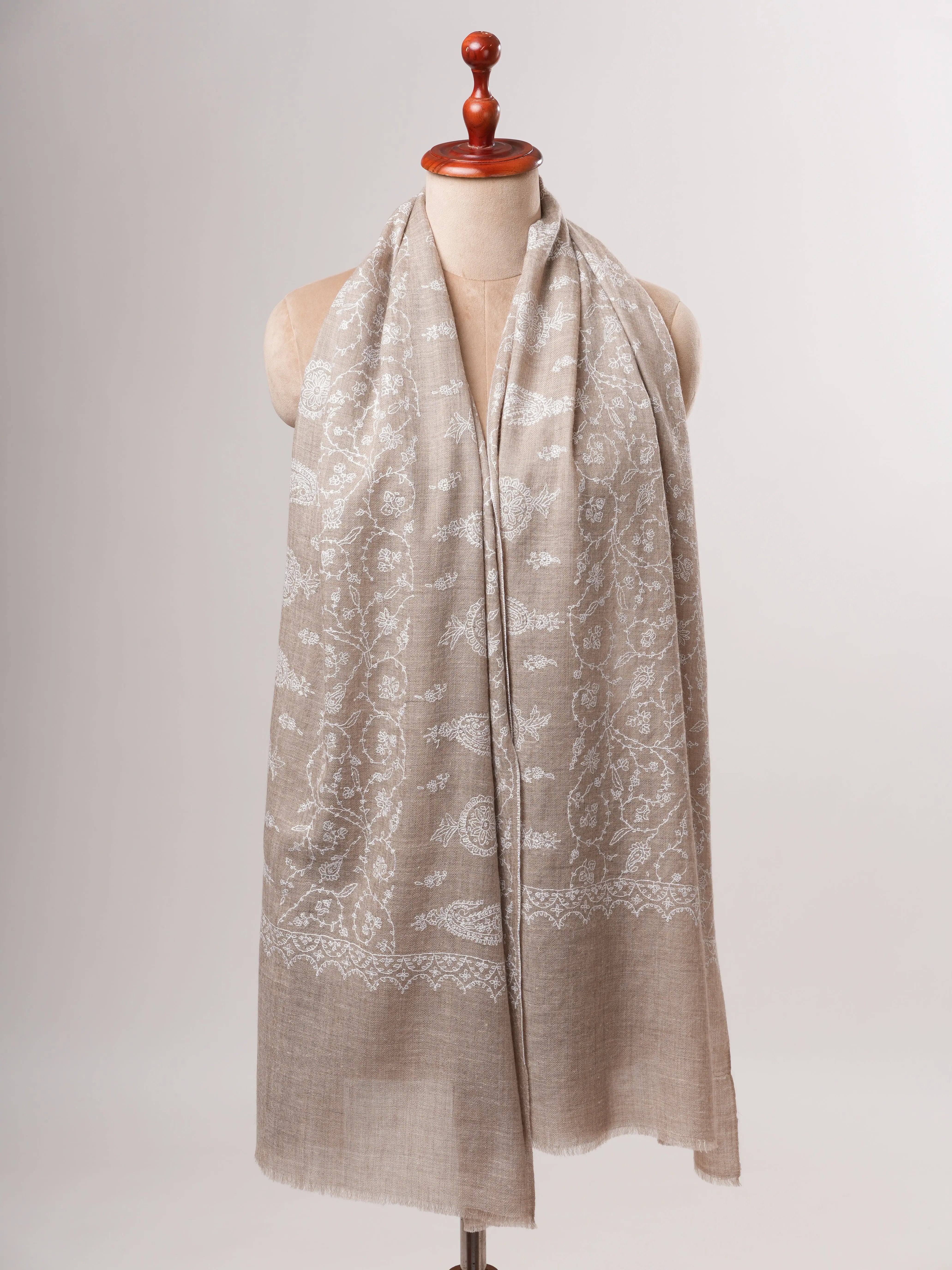 Grey Cashmere Scarf with Detailed White Hand Embroidery Shahkaar