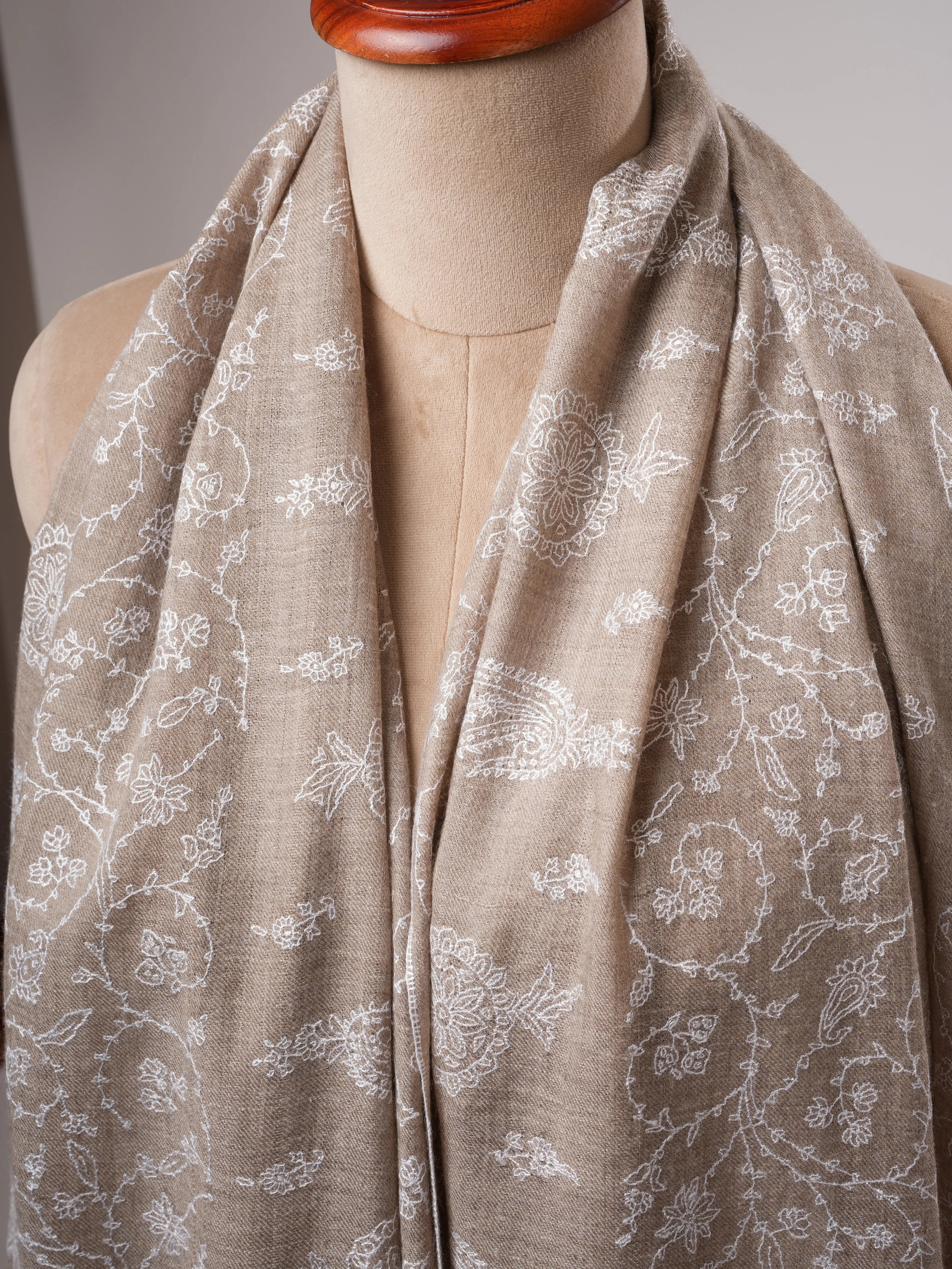 Grey Cashmere Scarf with Detailed White Hand Embroidery Shahkaar