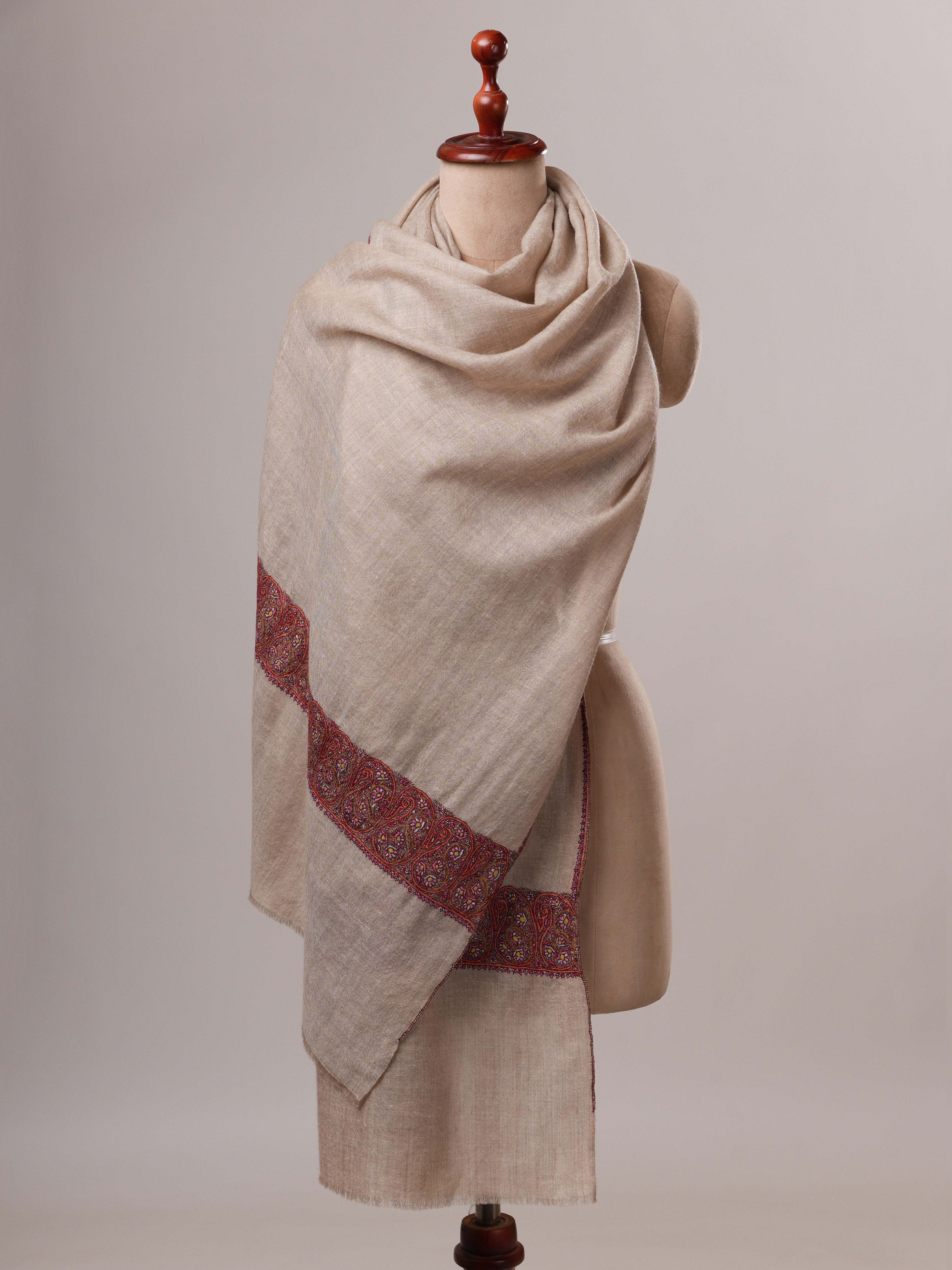 Natural Grey Baby Soft Cashmere Scarf with Hand-Embroidered Palla Shahkaar