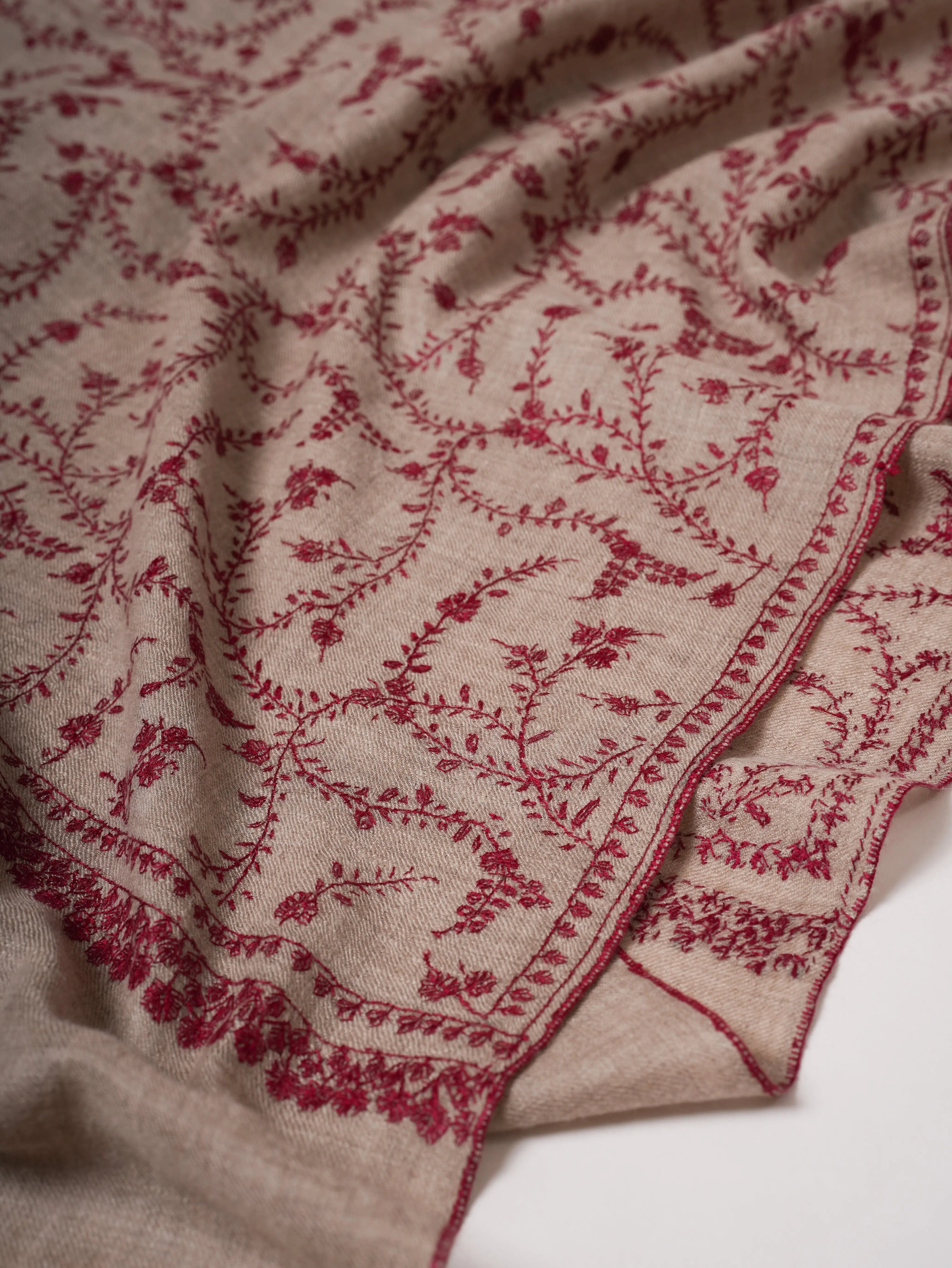 Hand Embroidered Natural Grey Cashmere Scarf with Jali Detailing Shahkaar