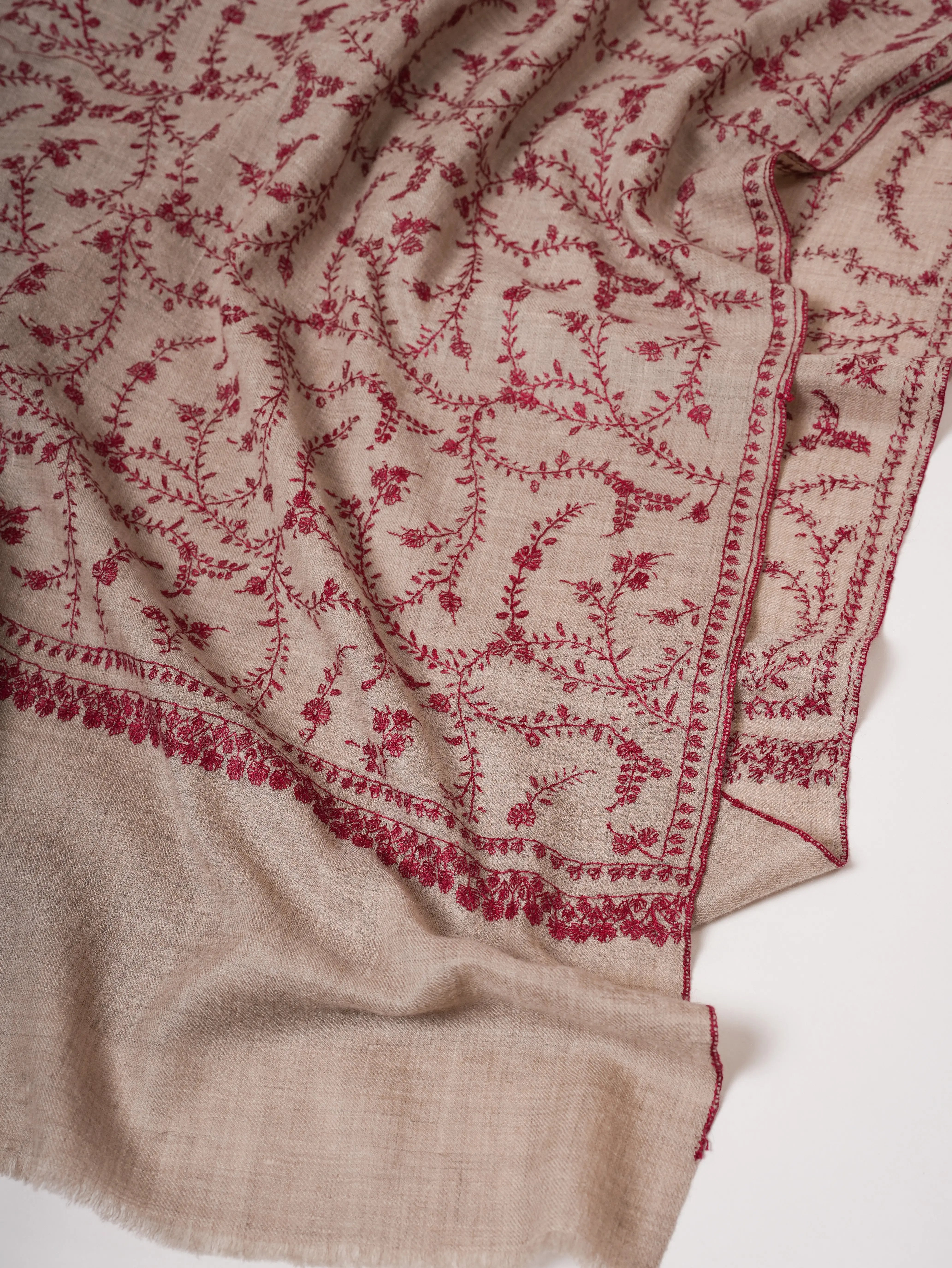 Hand Embroidered Natural Grey Cashmere Scarf with Jali Detailing Shahkaar