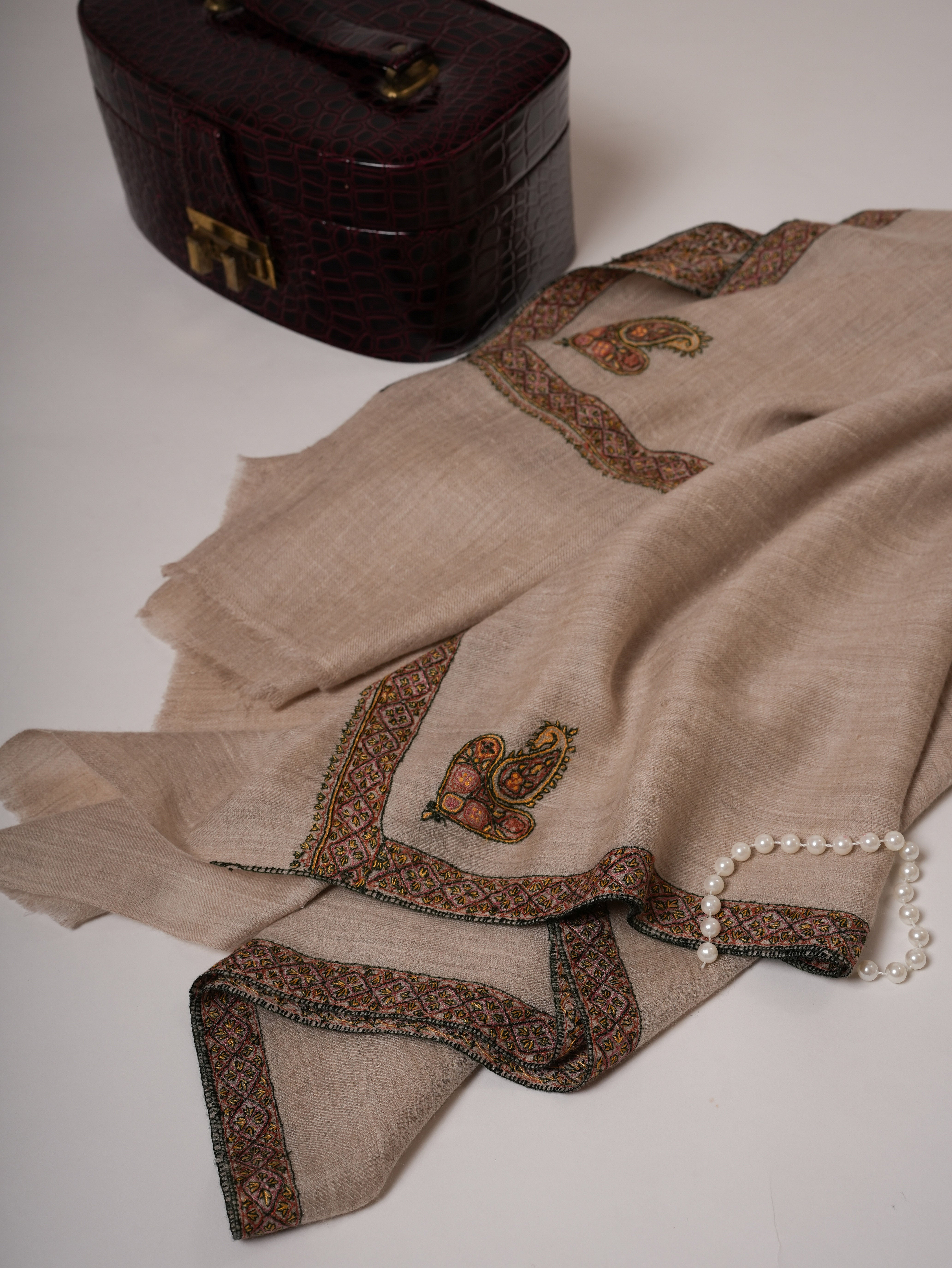 Contemporary Natural Grey Cashmere Scarf with Hashia Embroidery Shahkaar