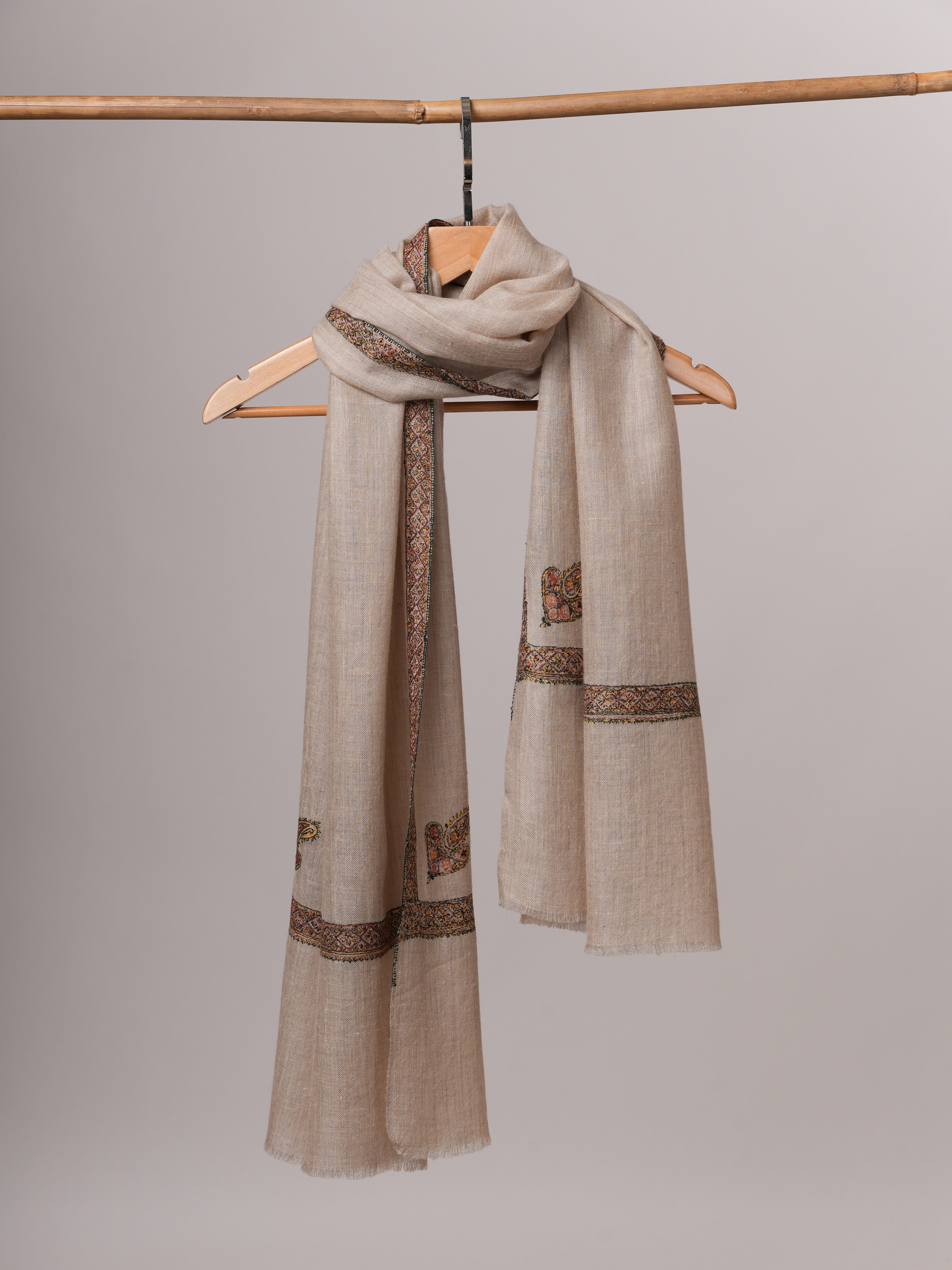 Contemporary Natural Grey Cashmere Scarf with Hashia Embroidery Shahkaar