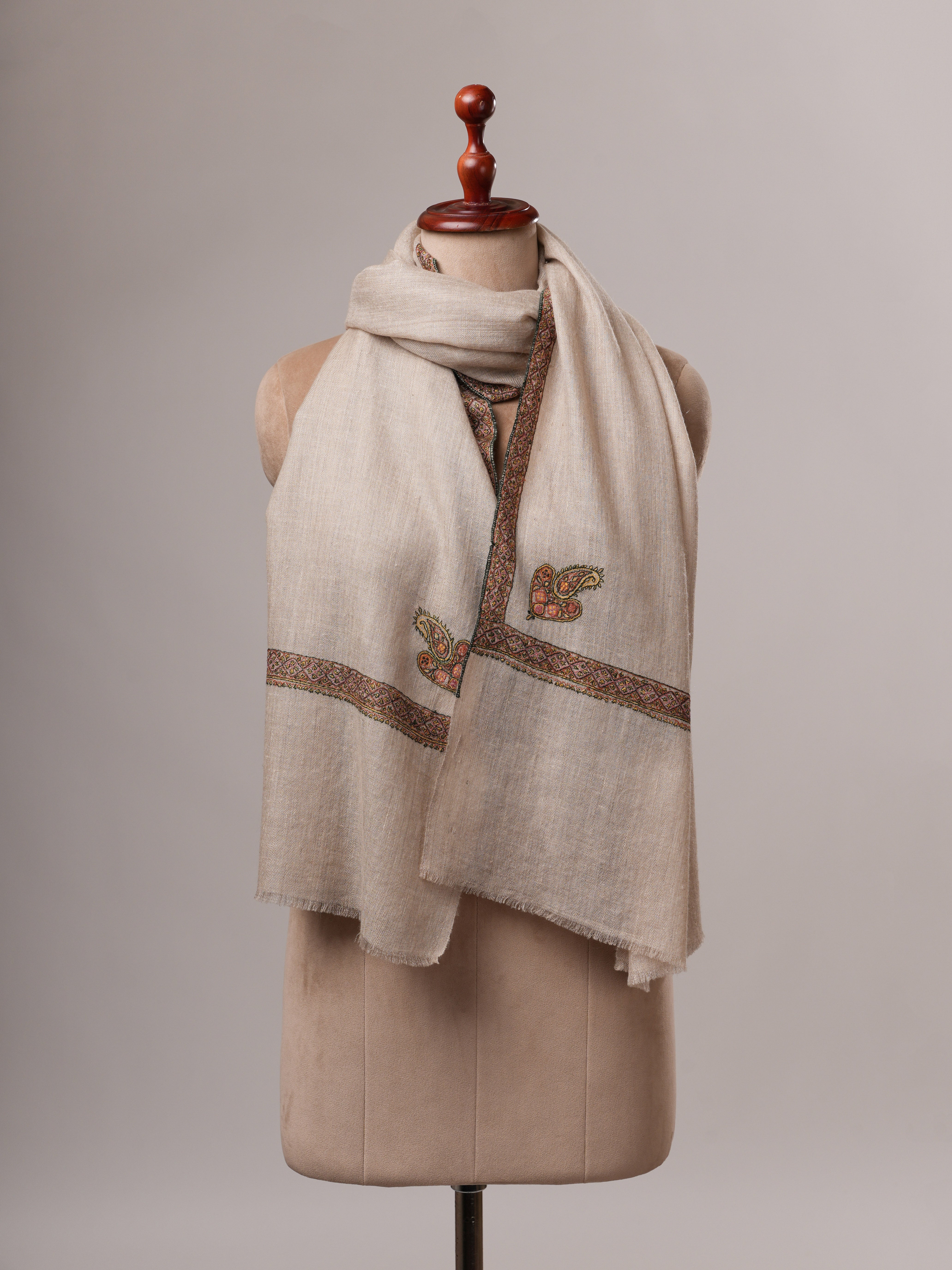 Contemporary Natural Grey Cashmere Scarf with Hashia Embroidery Shahkaar