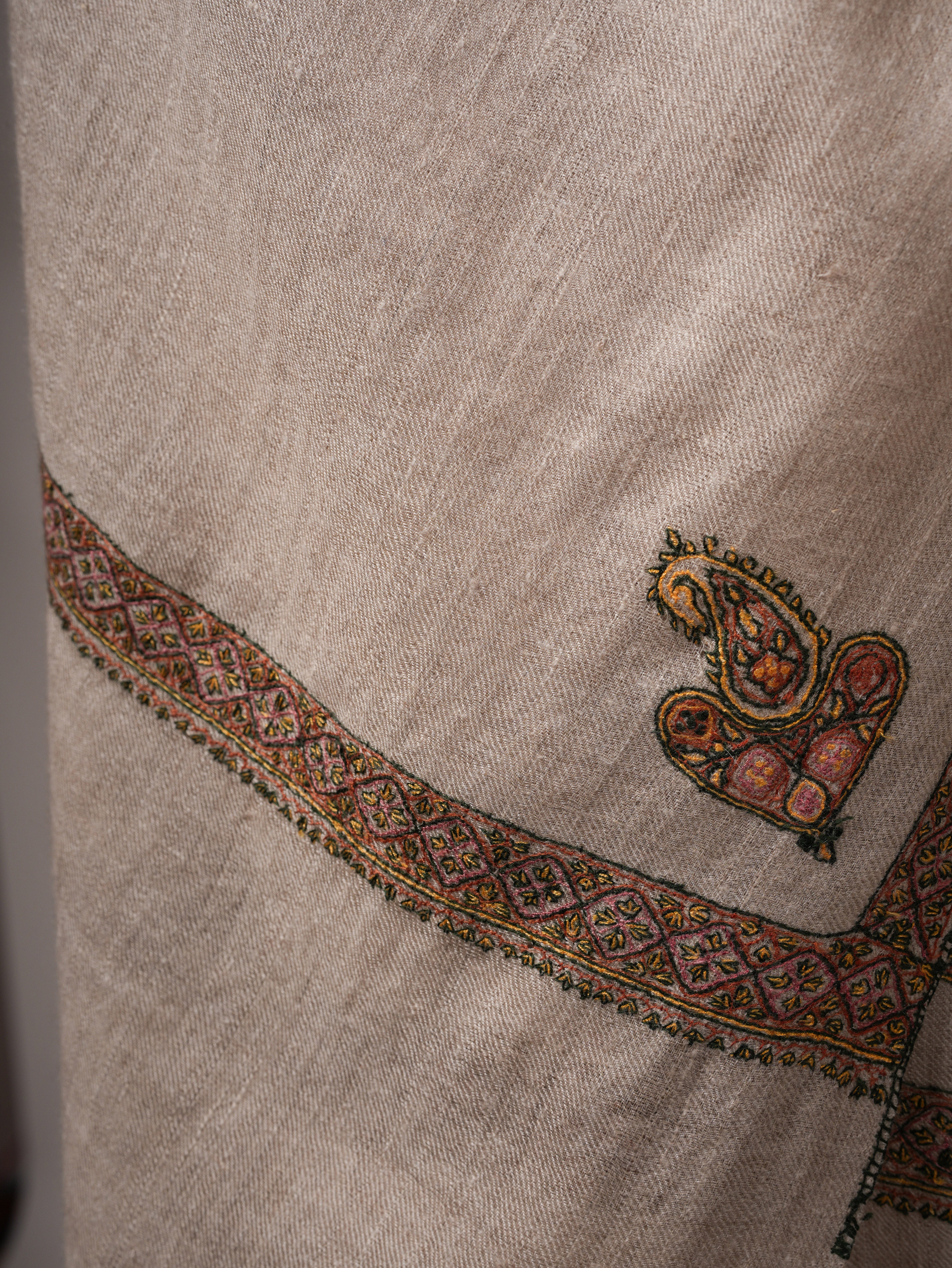 Contemporary Natural Grey Cashmere Scarf with Hashia Embroidery Shahkaar