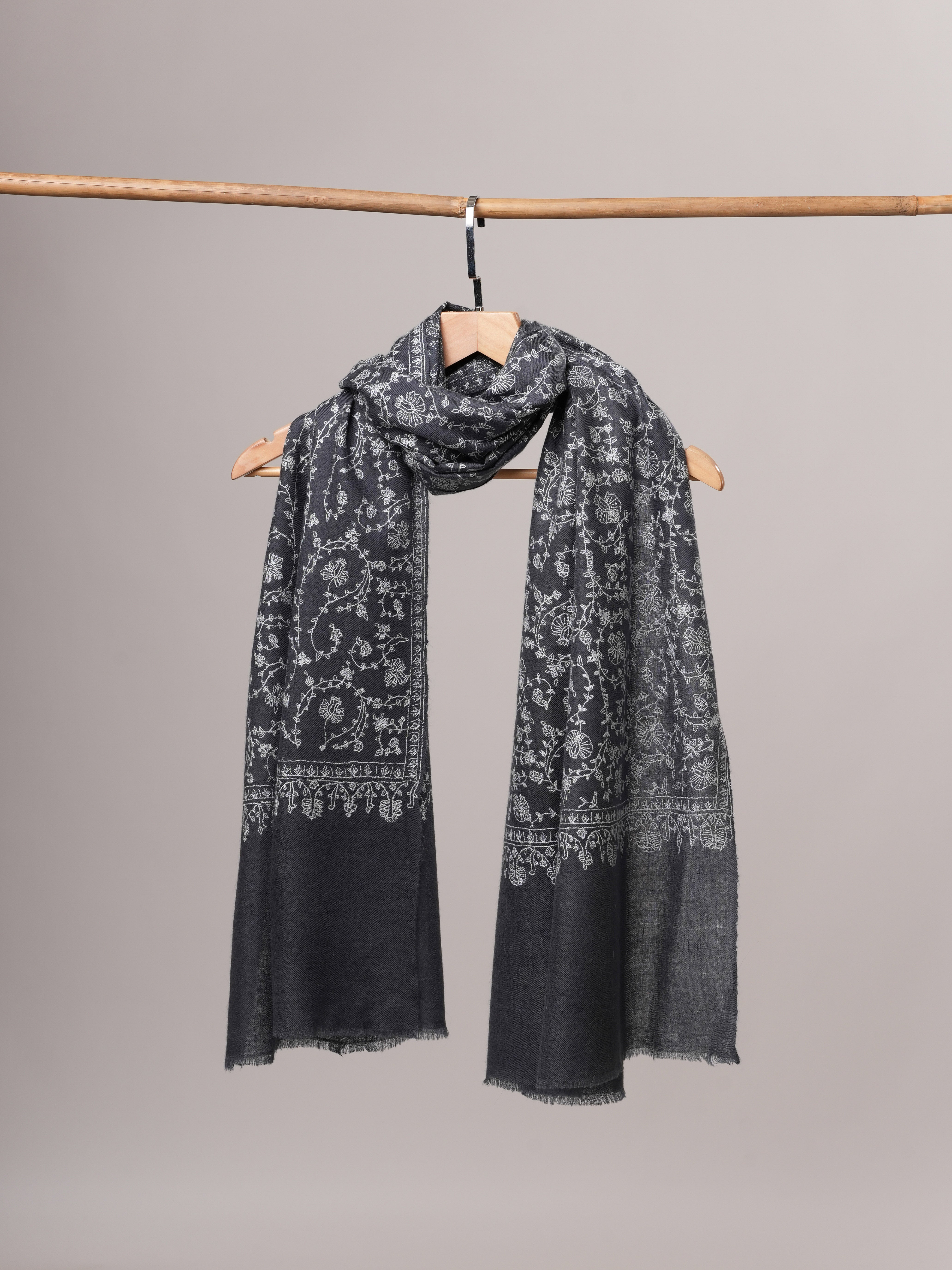 Steel Grey Cashmere Scarf with All Over Hand Embroidery Shahkaar