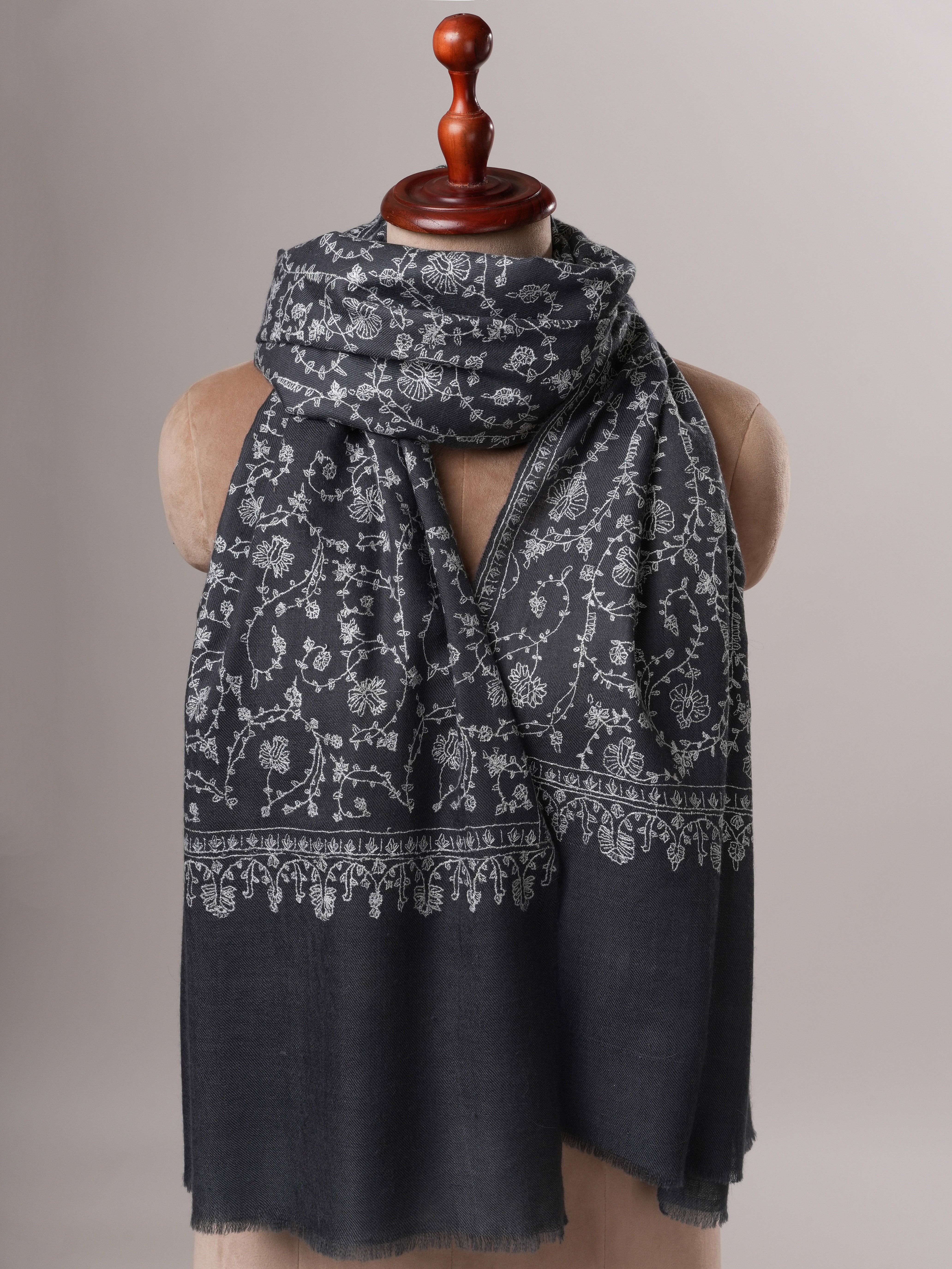 Steel Grey Cashmere Scarf with All Over Hand Embroidery Shahkaar