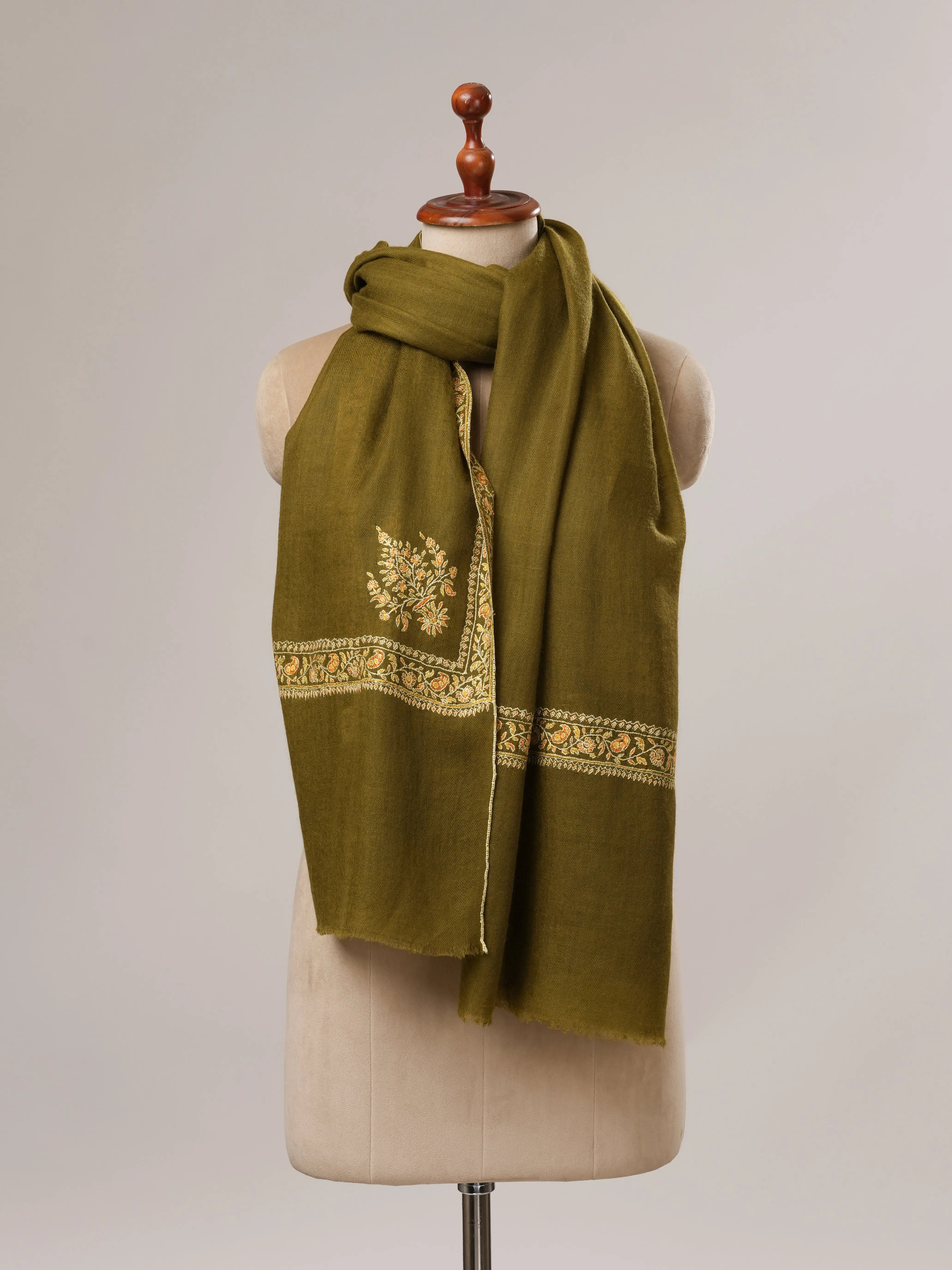 Olive Hashia Hand Embroidered Pure Pashmina Shawl Shahkaar.com