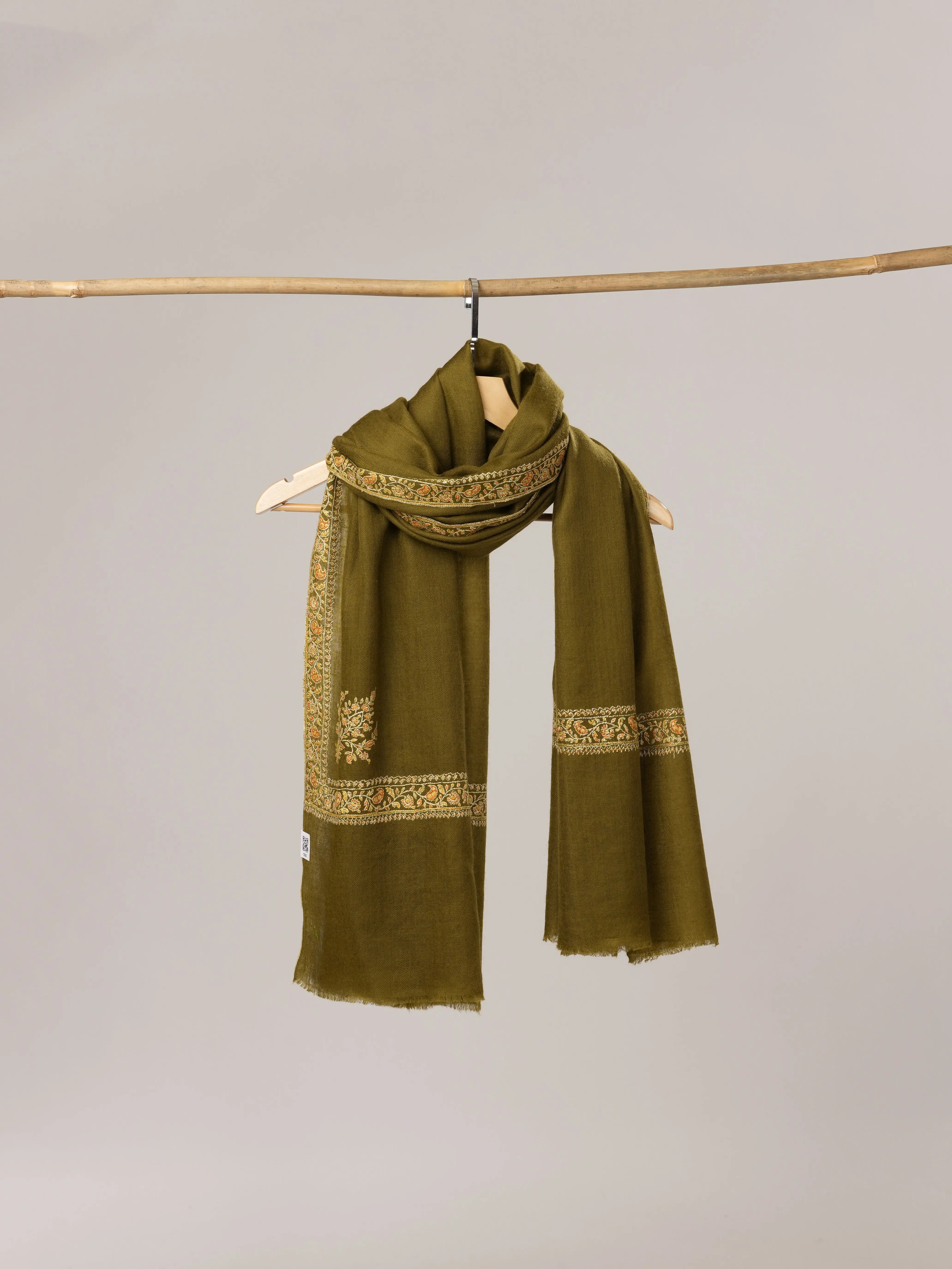 Olive Hashia Hand Embroidered Pure Pashmina Shawl Shahkaar.com