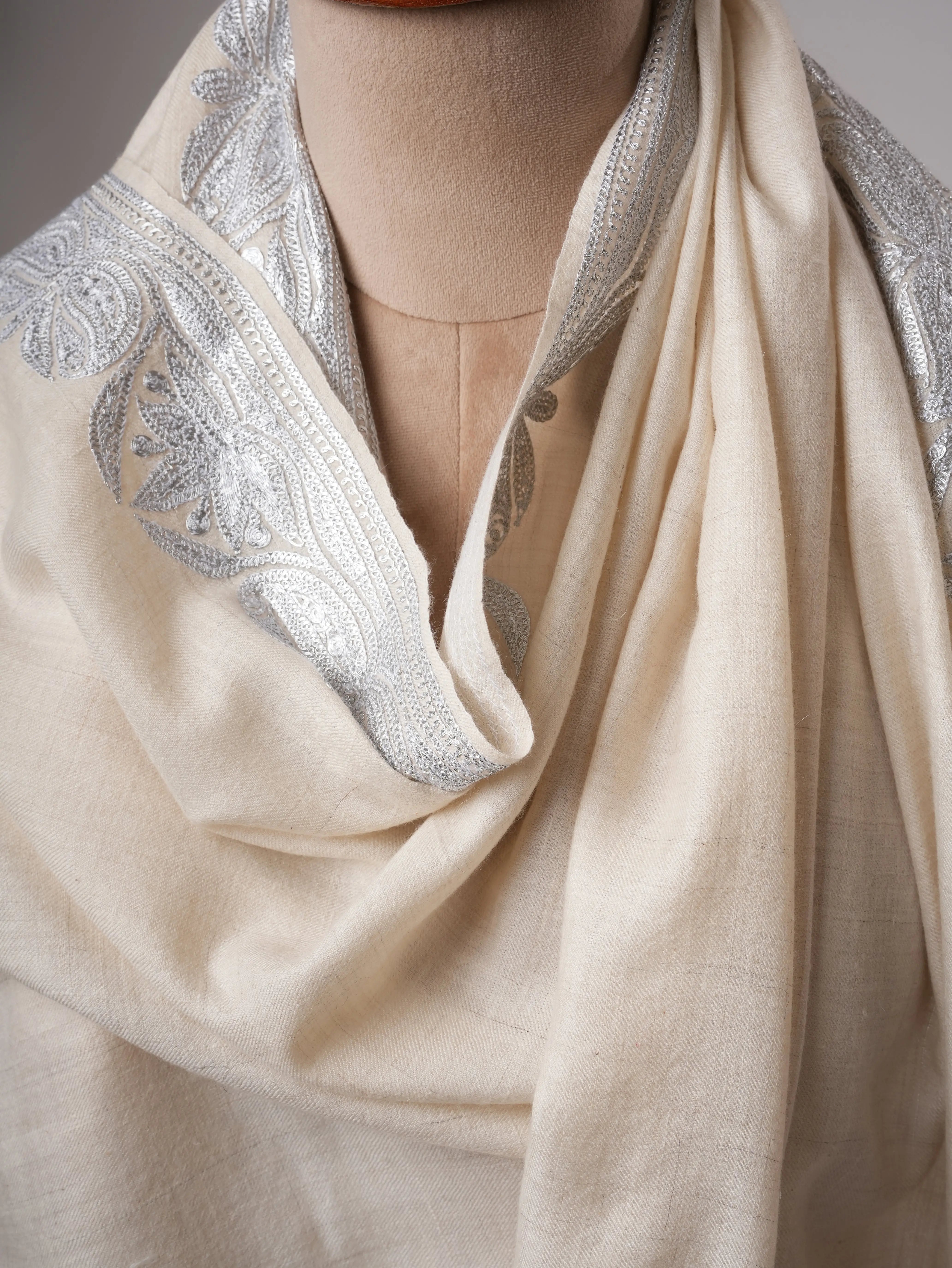 Handwoven White Pashmina with Traditional Silver Tilla Embroidery Shahkaar