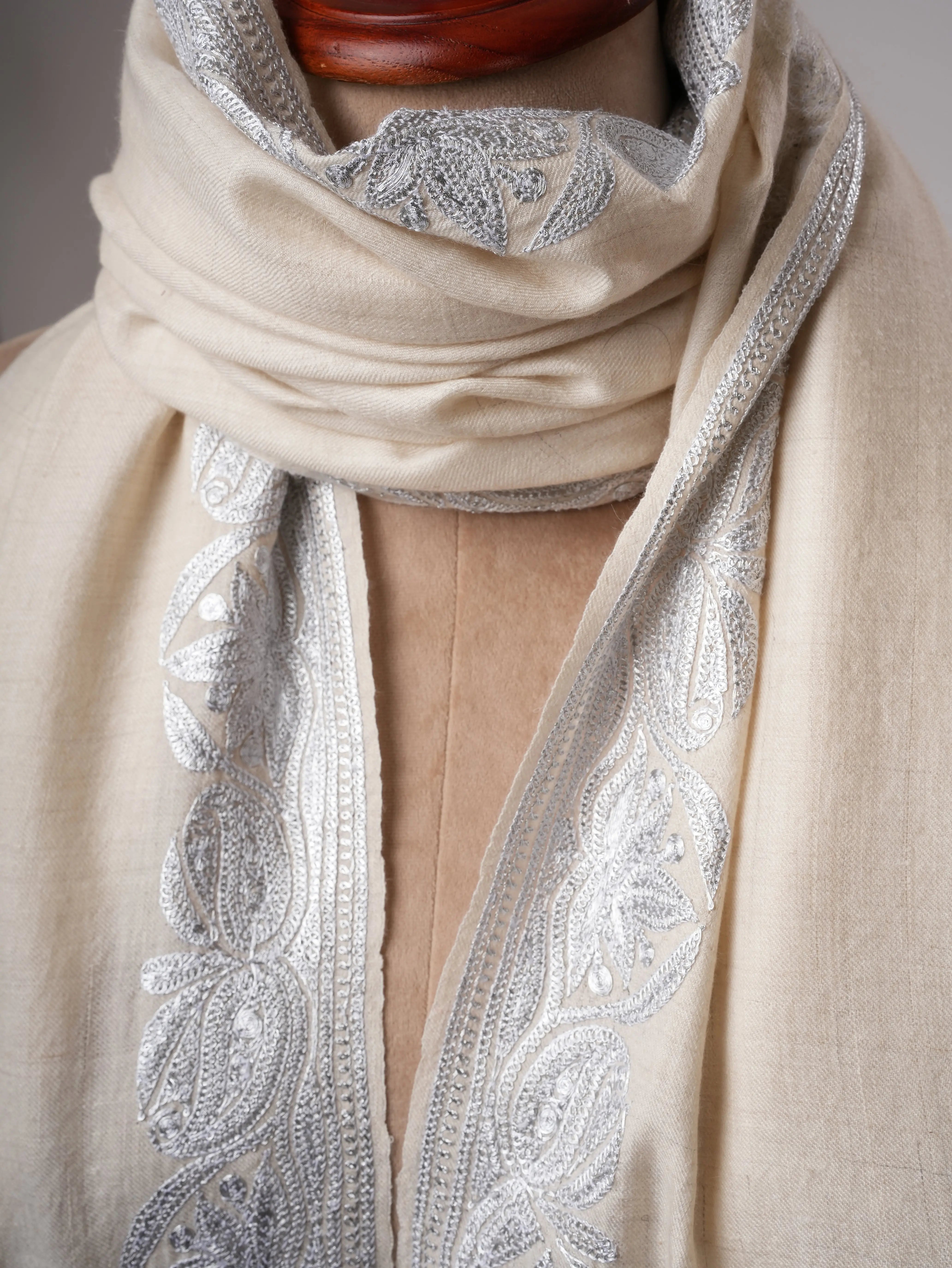 Handwoven White Pashmina with Traditional Silver Tilla Embroidery Shahkaar