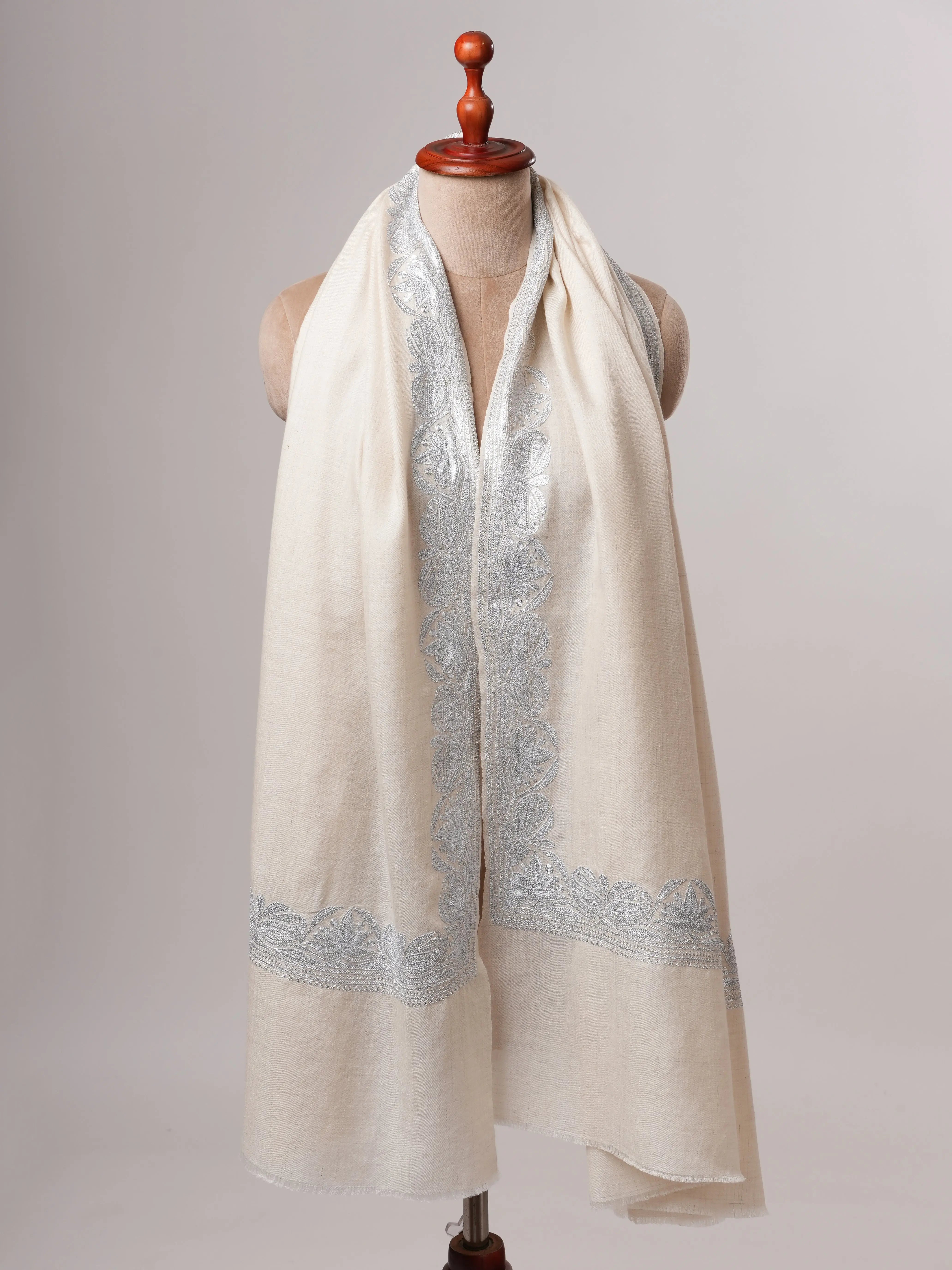 Handwoven White Pashmina with Traditional Silver Tilla Embroidery Shahkaar