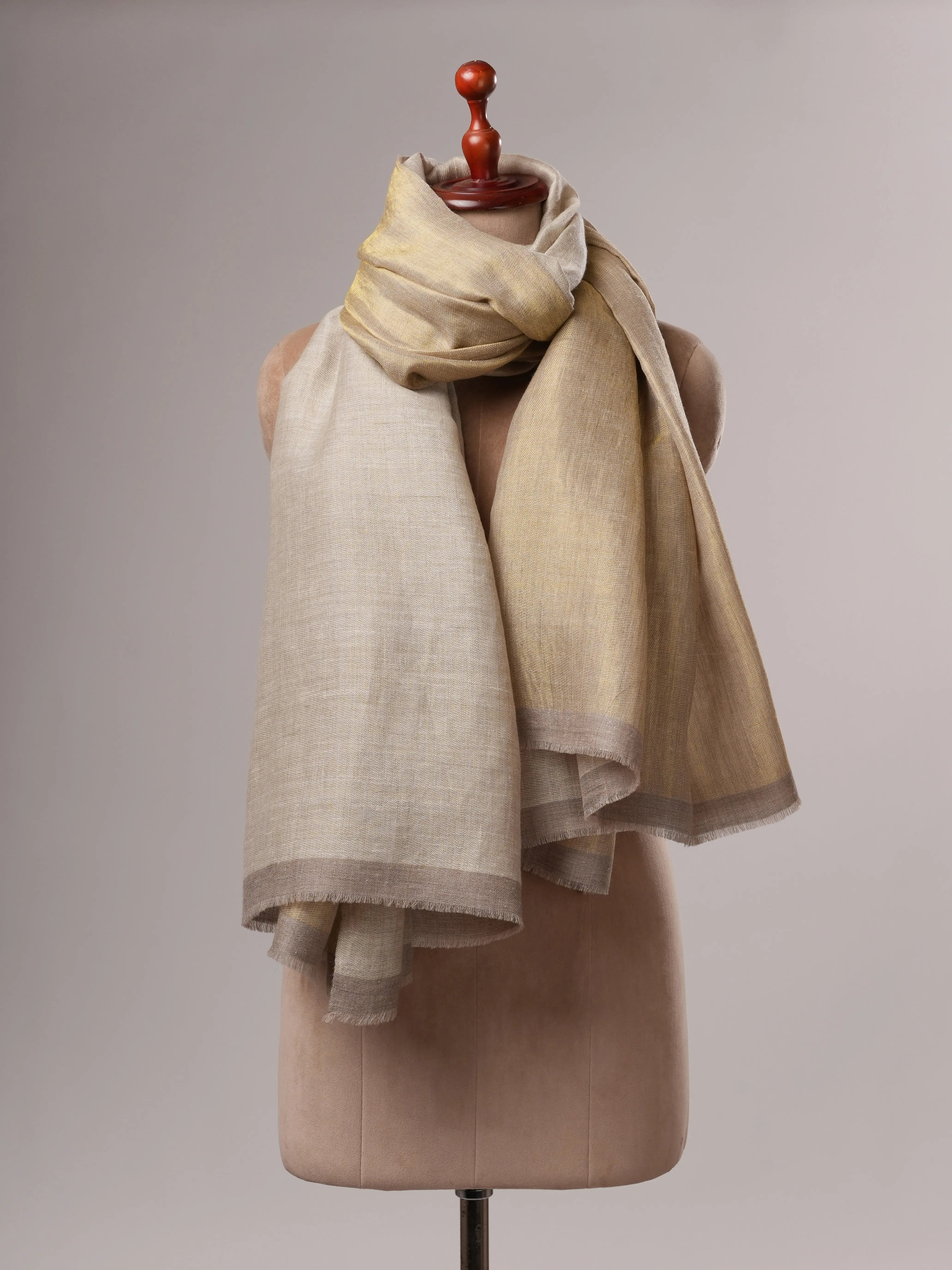 Handwoven Ivory Pashmina Shawl Featuring Gold Zari on One Side
