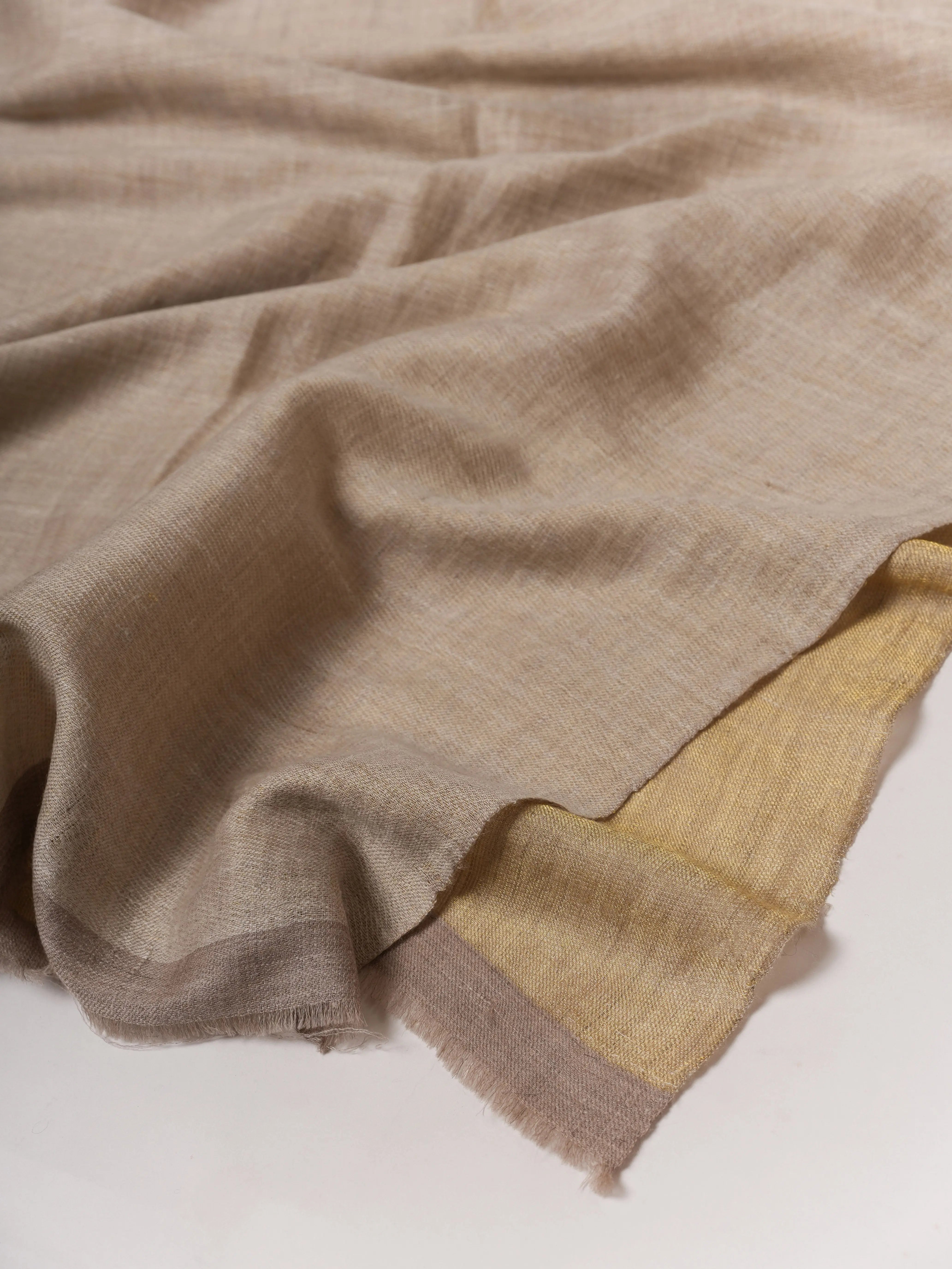 Handwoven Ivory Pashmina Shawl Featuring Gold Zari on One Side