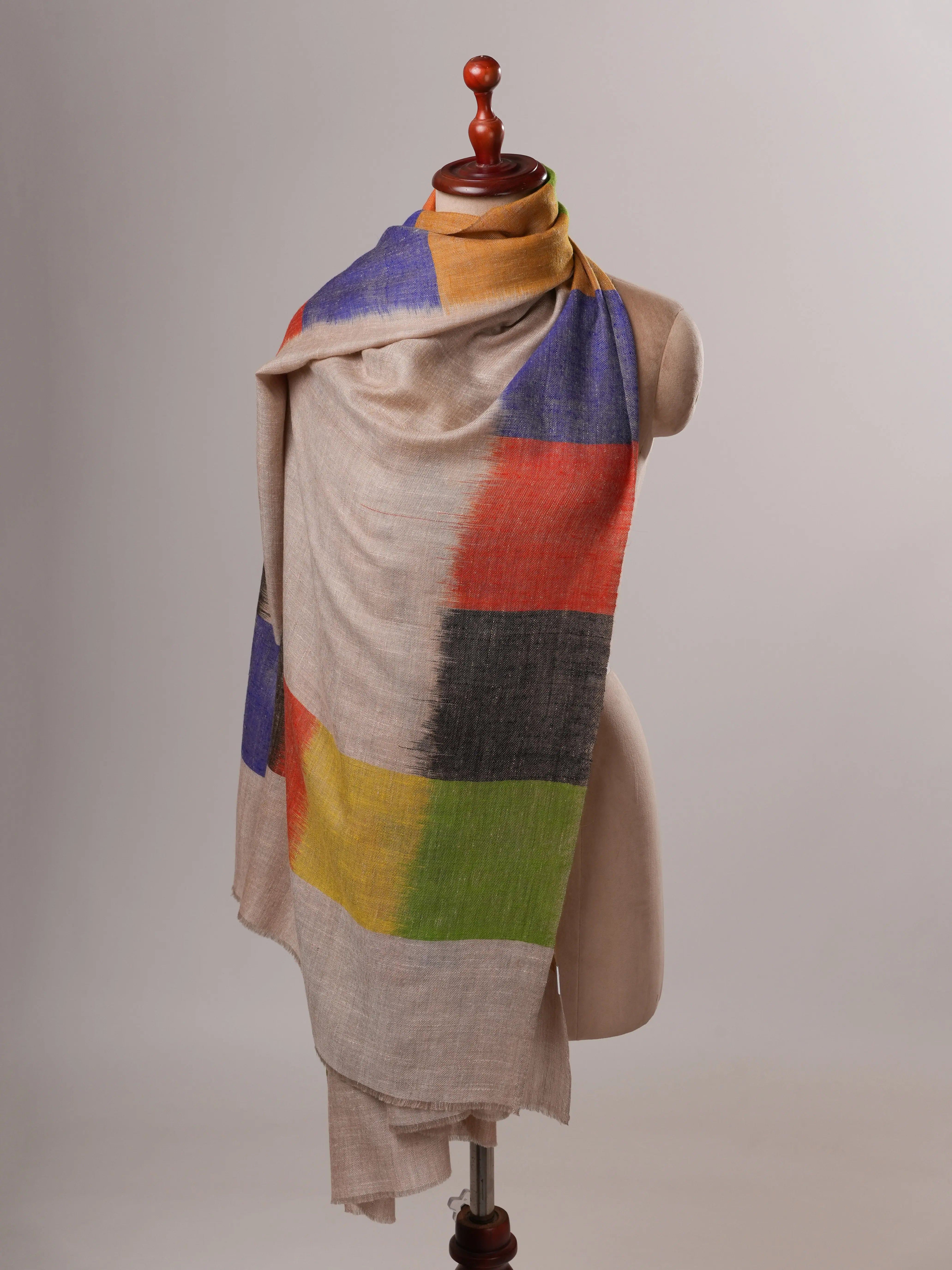 Ikat Handloomed Pashmina Shawl with Multicolor Border Detailing
