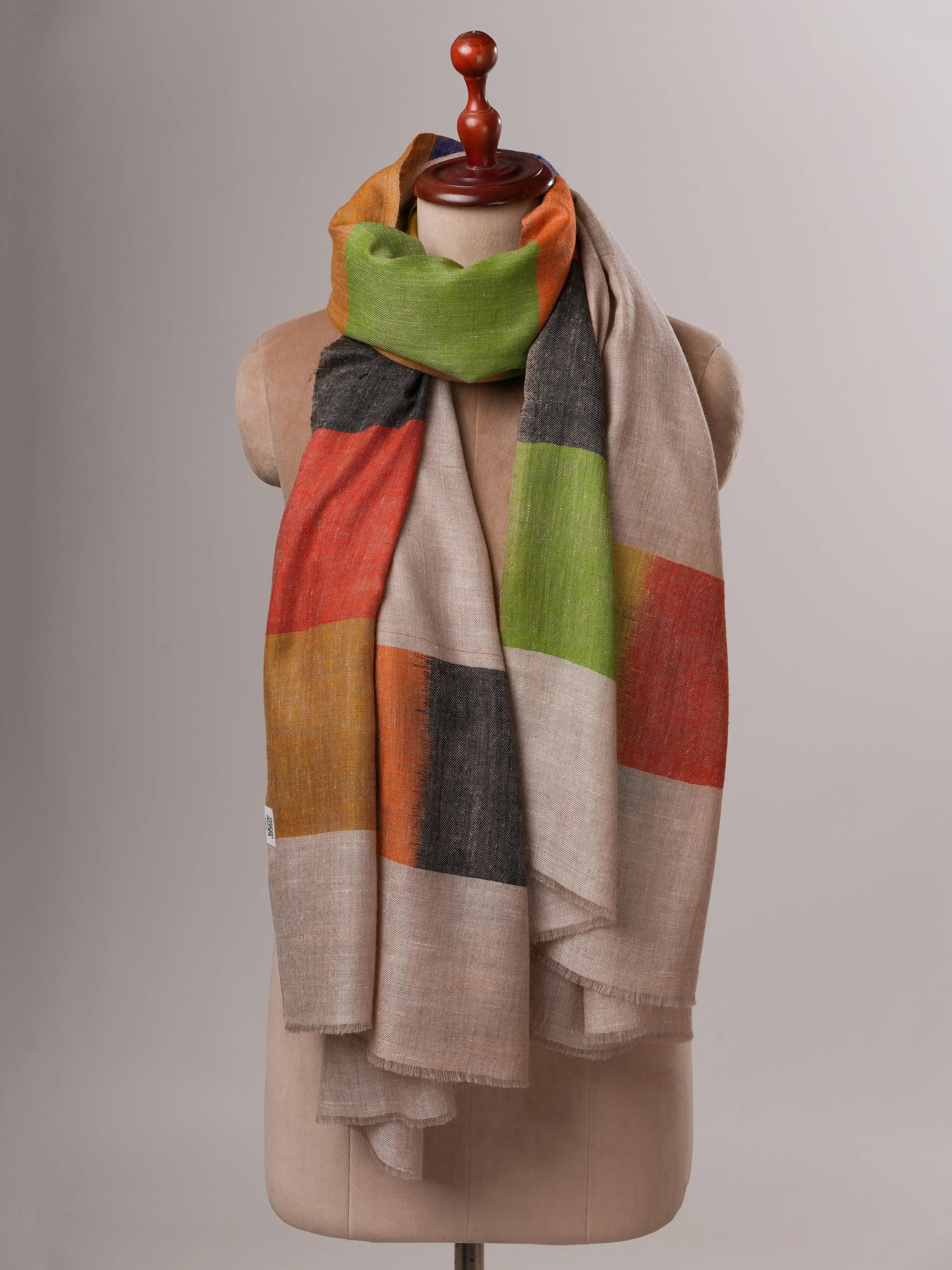 Ikat Handloomed Pashmina Shawl with Multicolor Border Detailing