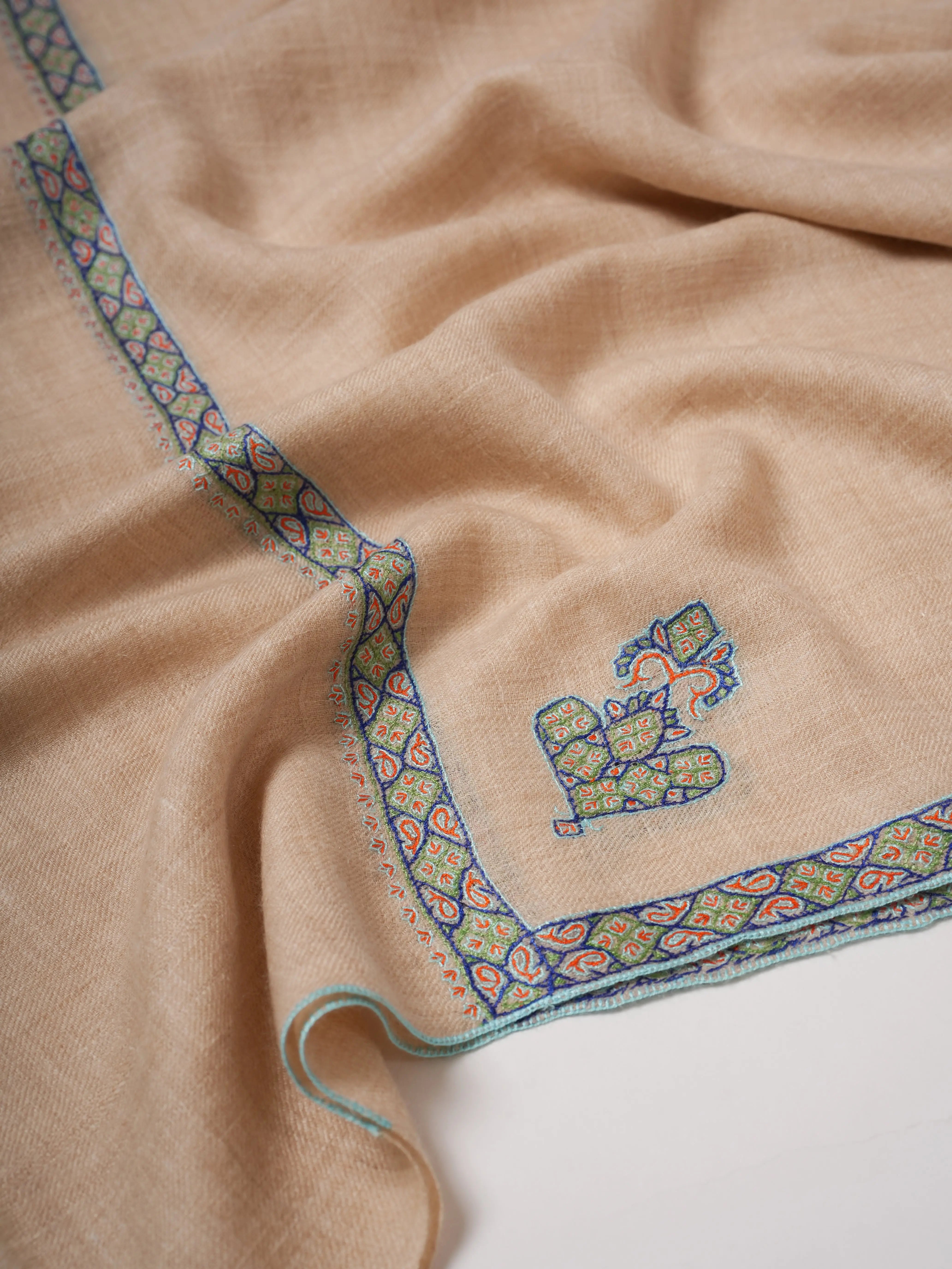 Soft Kashmiri Cashmere Scarf Featuring Hashia Embroidered Motifs Shahkaar