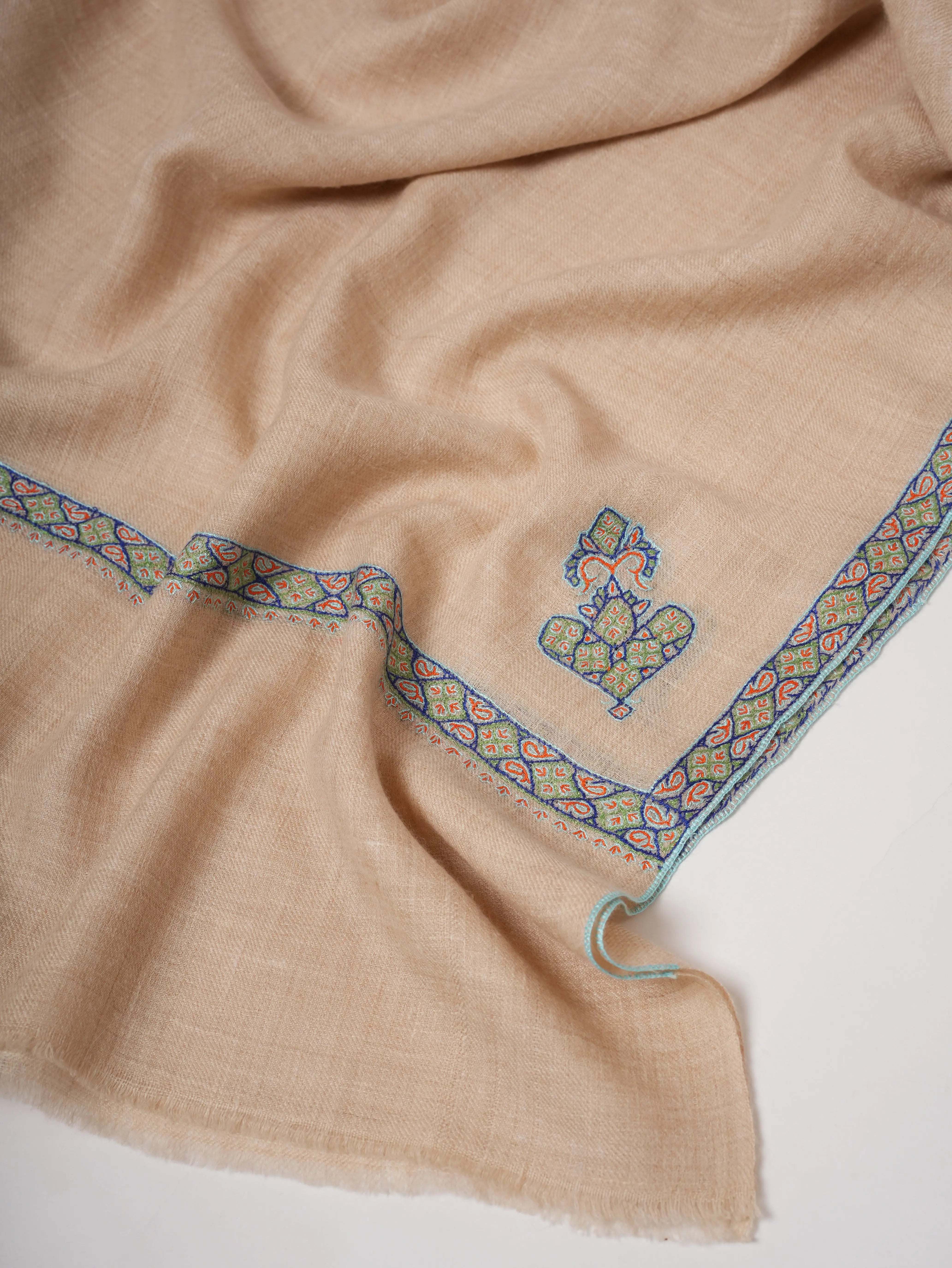 Soft Kashmiri Cashmere Scarf Featuring Hashia Embroidered Motifs Shahkaar