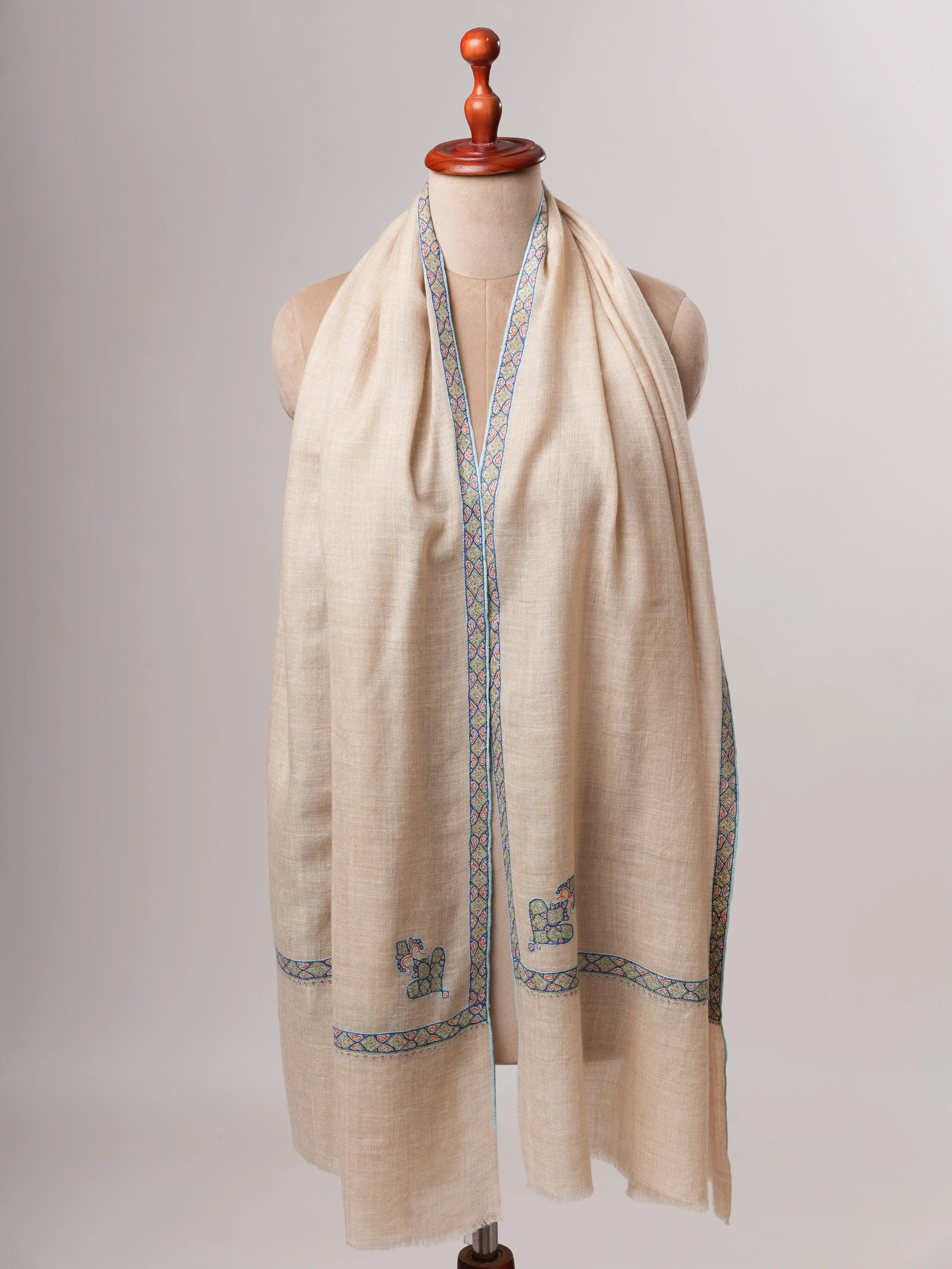 Soft Kashmiri Cashmere Scarf Featuring Hashia Embroidered Motifs Shahkaar
