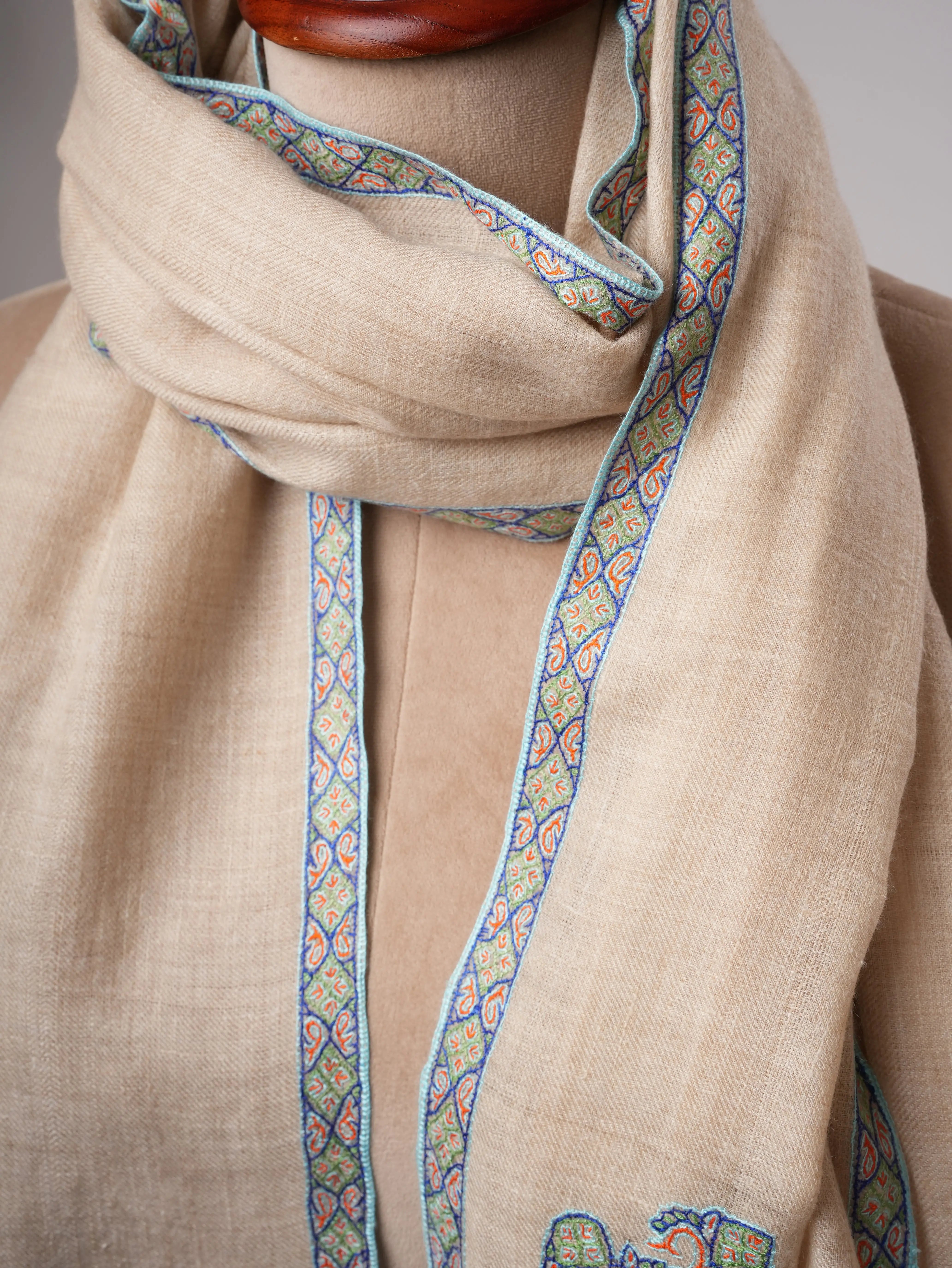 Soft Kashmiri Cashmere Scarf Featuring Hashia Embroidered Motifs Shahkaar