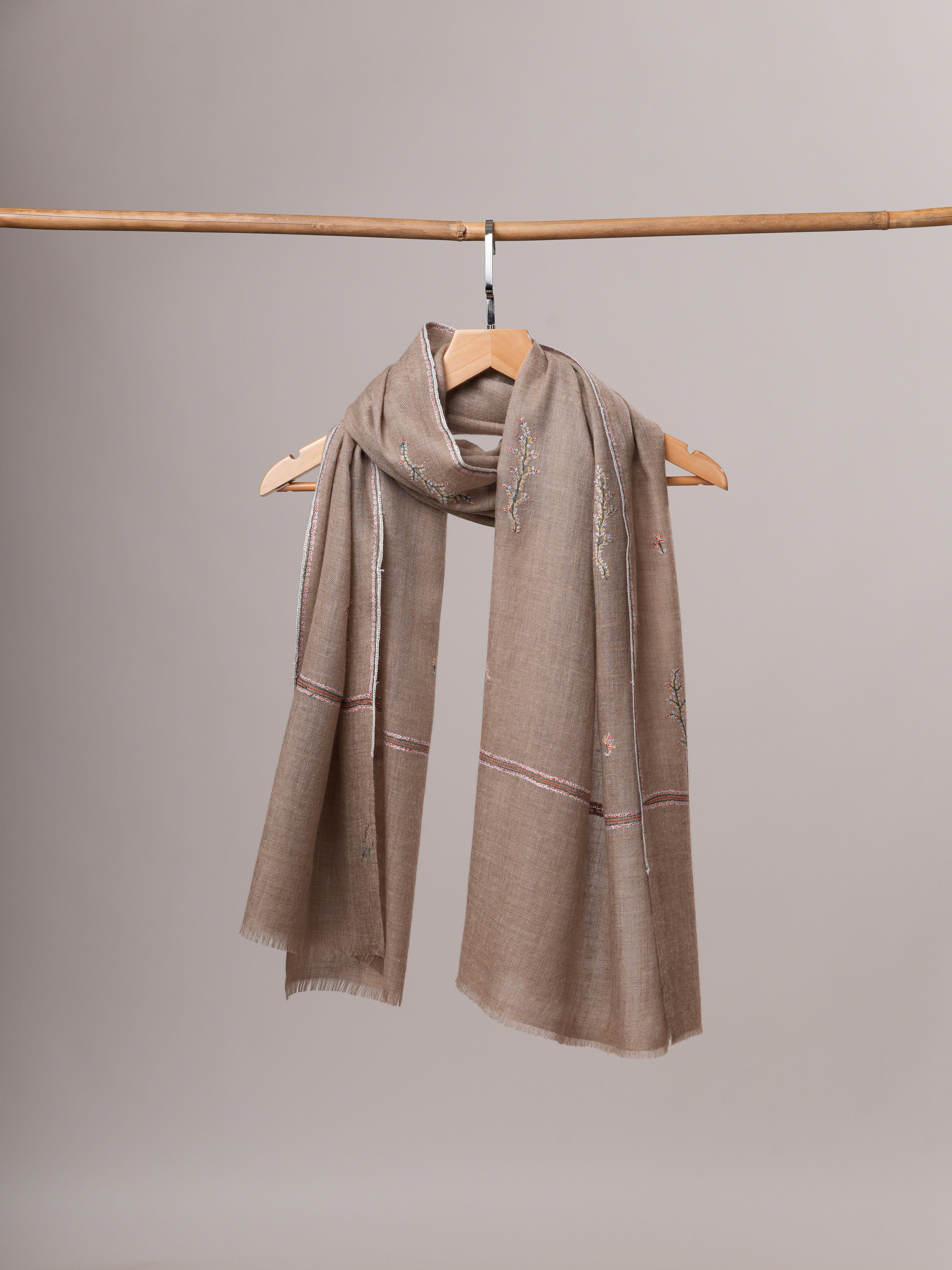 Contemporary Natural Grey Cashmere Scarf with Buteh Handwork Shahkaar