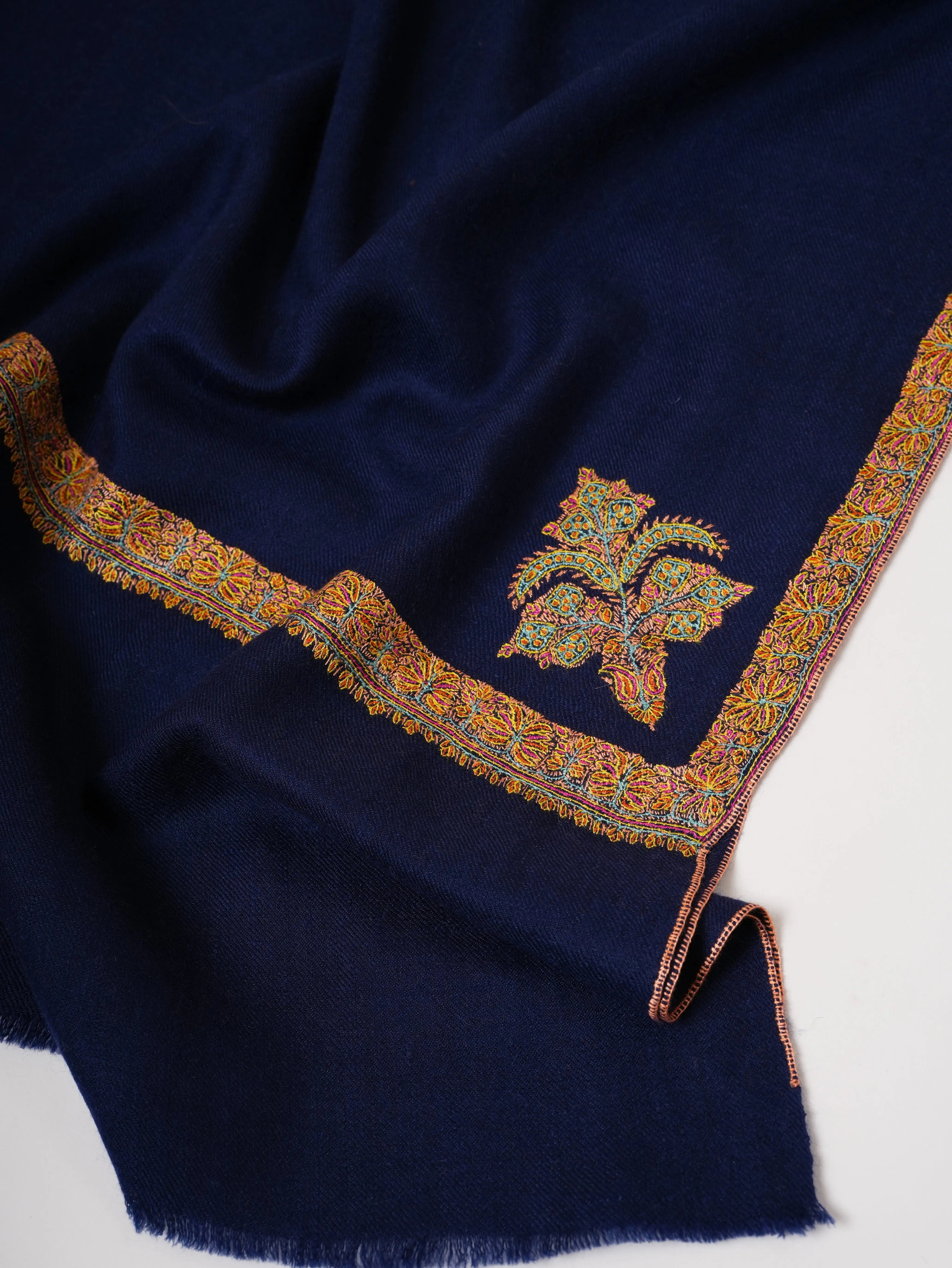 Navy Blue Pashmina Shawl with Traditional Hashia Hand Embroidery Shahkaar
