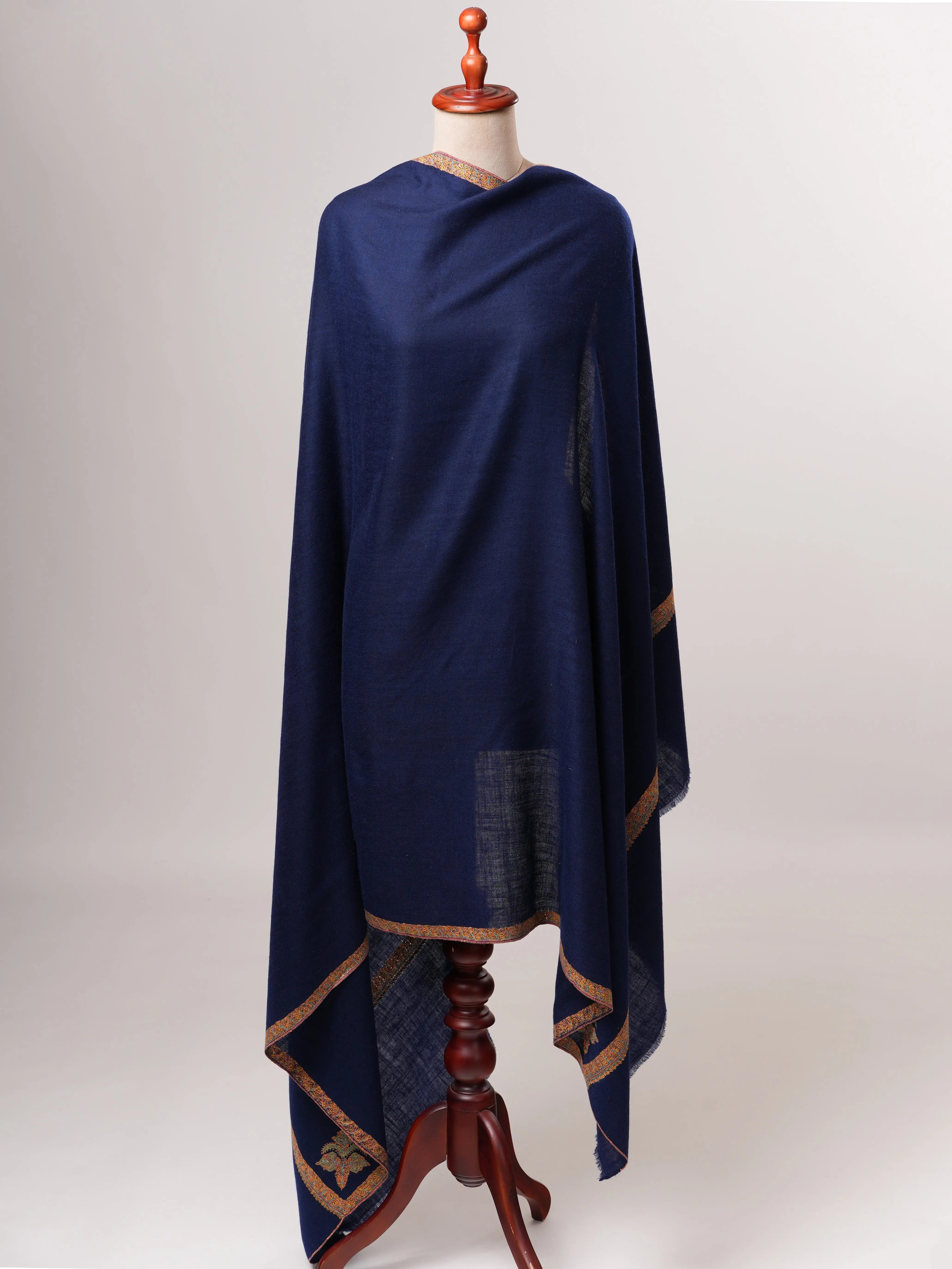 Navy Blue Pashmina Shawl with Traditional Hashia Hand Embroidery Shahkaar