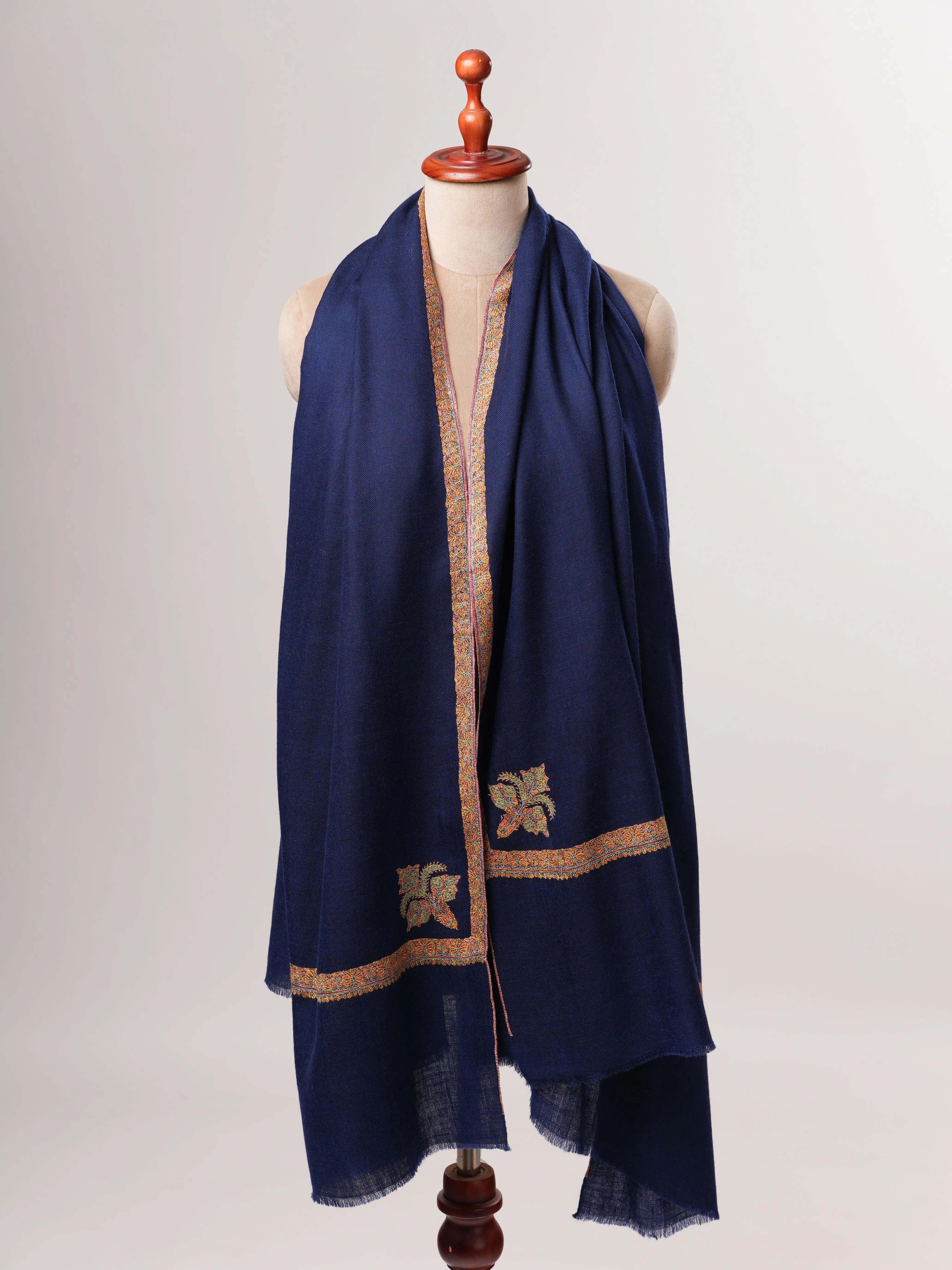 Navy Blue Pashmina Shawl with Traditional Hashia Hand Embroidery Shahkaar
